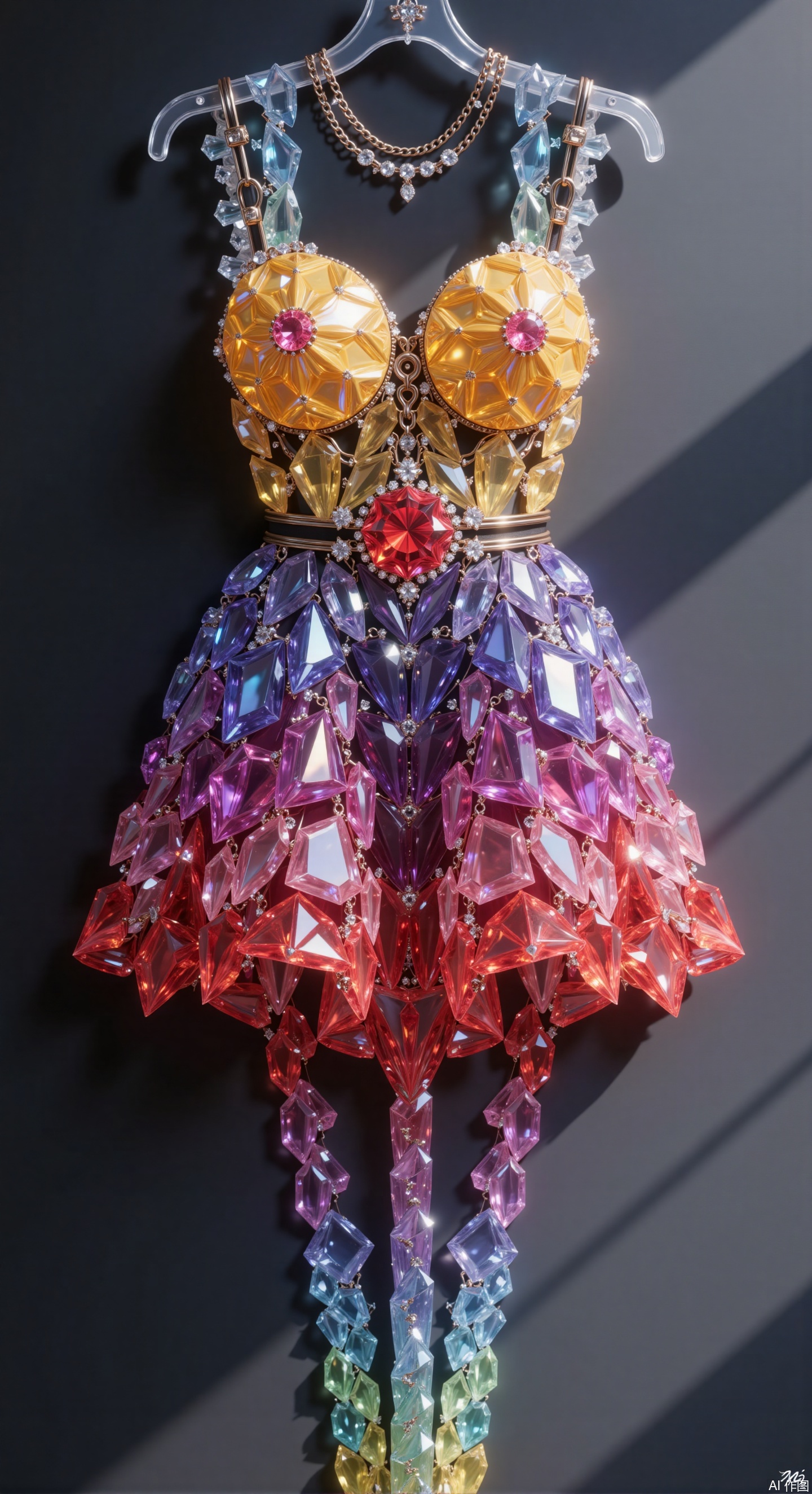 From a macro perspective, a rainbow seven-color gradient crystal dress is hung on a black minimalist hanger. Gems are closely arranged to form a gorgeous gradient, embellished with metal buckles at the collar and hem. The slim fit highlights the body curves, and the fluffy skirt is covered with crystal gems. Lit from the upper side, it creates delicate highlights and shadows, and the gems refract colorful halos. The shadow of the hanger contrasts with the luster of the dress, high ,
