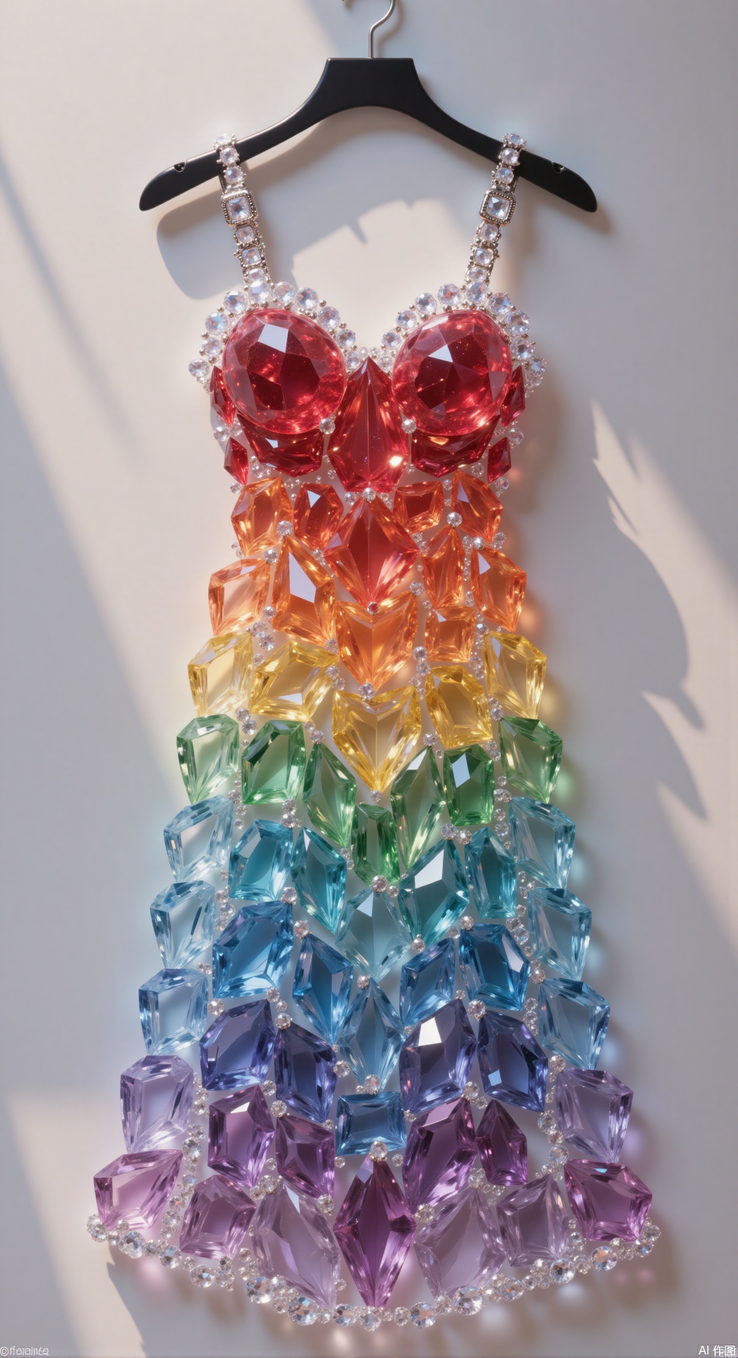 From a macro perspective, a rainbow seven-color gradient crystal dress is hung on a black minimalist hanger. Gems are closely arranged to form a gorgeous gradient, embellished with metal buckles at the collar and hem. The slim fit highlights the body curves, and the fluffy skirt is covered with crystal gems. Lit from the upper side, it creates delicate highlights and shadows, and the gems refract colorful halos. The shadow of the hanger contrasts with the luster of the dress, high ,