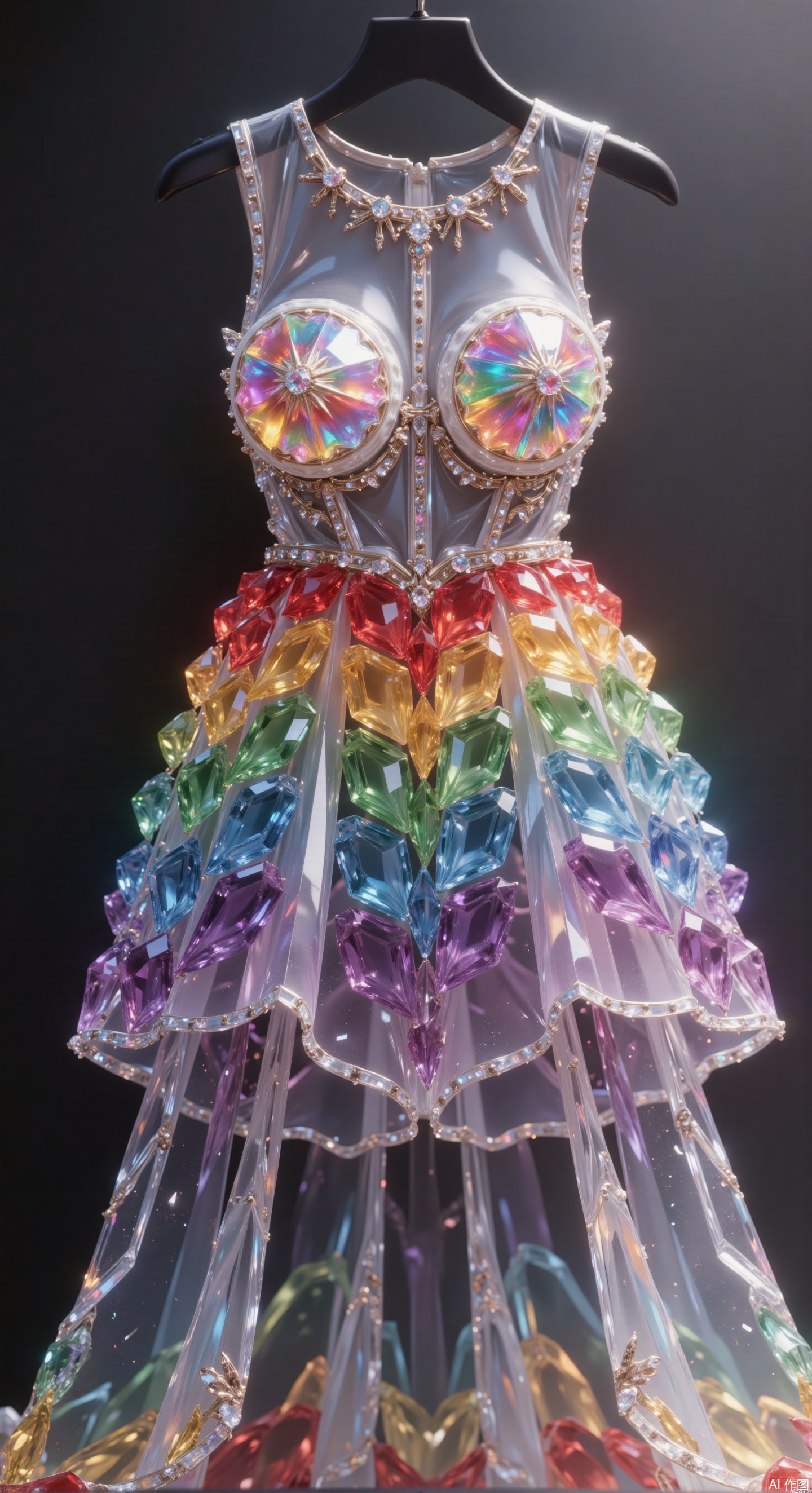 From a macro perspective, a rainbow seven-color gradient crystal dress is hung on a black minimalist hanger. Gems are closely arranged to form a gorgeous gradient, embellished with metal buckles at the collar and hem. The slim fit highlights the body curves, and the fluffy skirt is covered with crystal gems. Lit from the upper side, it creates delicate highlights and shadows, and the gems refract colorful halos. The shadow of the hanger contrasts with the luster of the dress, high ,