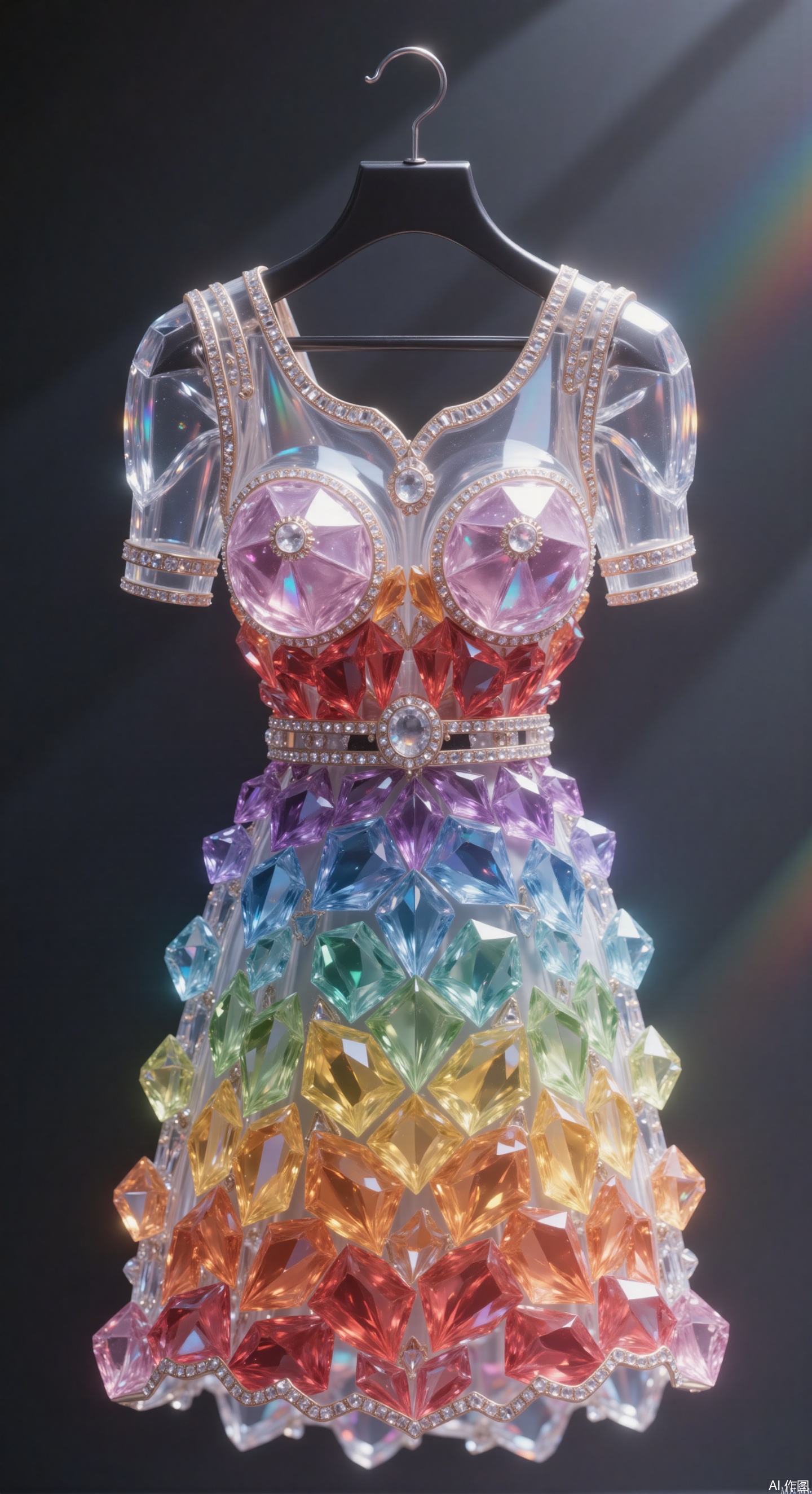 From a macro perspective, a rainbow seven-color gradient crystal dress is hung on a black minimalist hanger. Gems are closely arranged to form a gorgeous gradient, embellished with metal buckles at the collar and hem. The slim fit highlights the body curves, and the fluffy skirt is covered with crystal gems. Lit from the upper side, it creates delicate highlights and shadows, and the gems refract colorful halos. The shadow of the hanger contrasts with the luster of the dress, high ,
