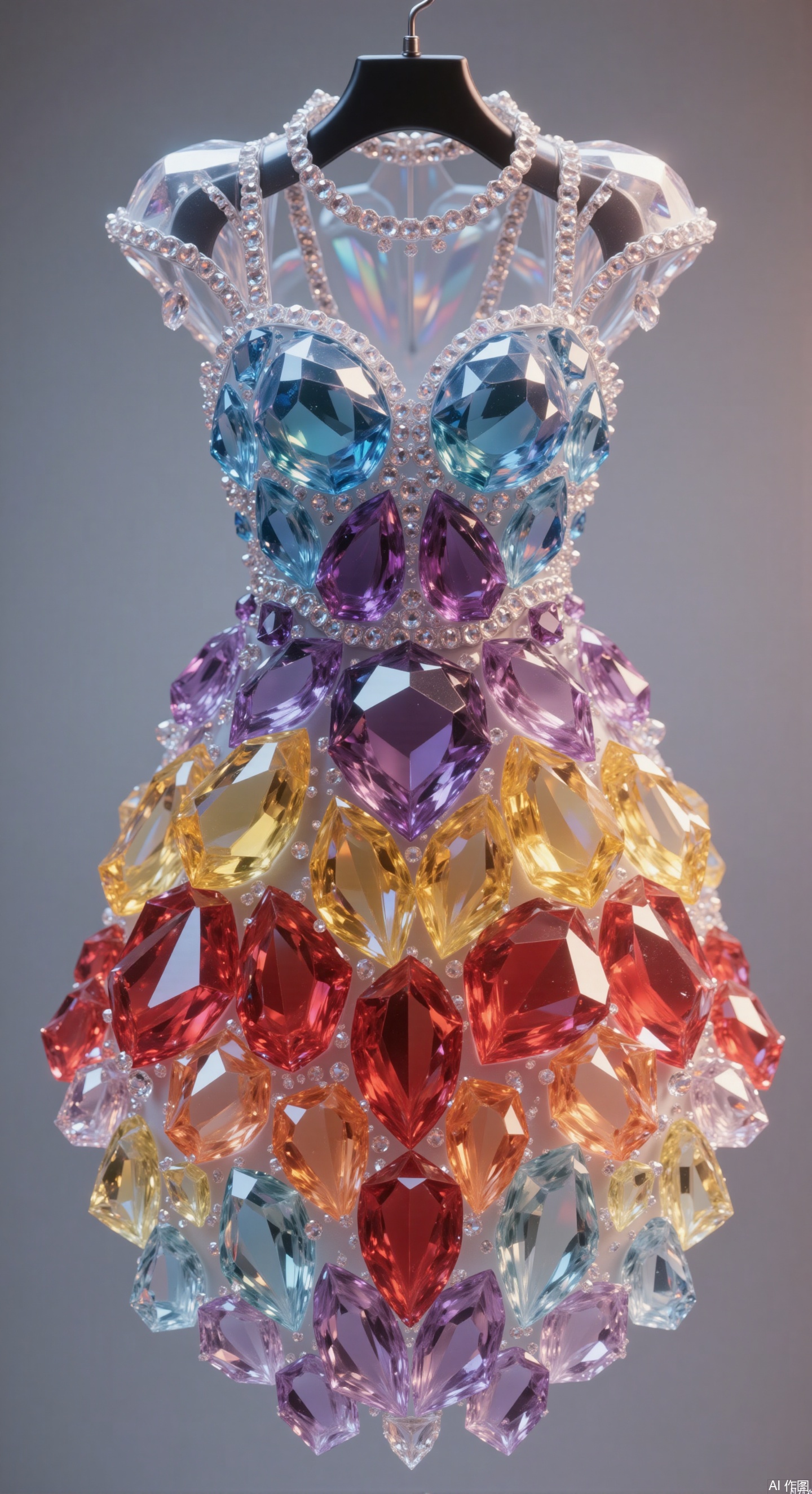 From a macro perspective, a rainbow seven-color gradient crystal dress is hung on a black minimalist hanger. Gems are closely arranged to form a gorgeous gradient, embellished with metal buckles at the collar and hem. The slim fit highlights the body curves, and the fluffy skirt is covered with crystal gems. Lit from the upper side, it creates delicate highlights and shadows, and the gems refract colorful halos. The shadow of the hanger contrasts with the luster of the dress, high ,