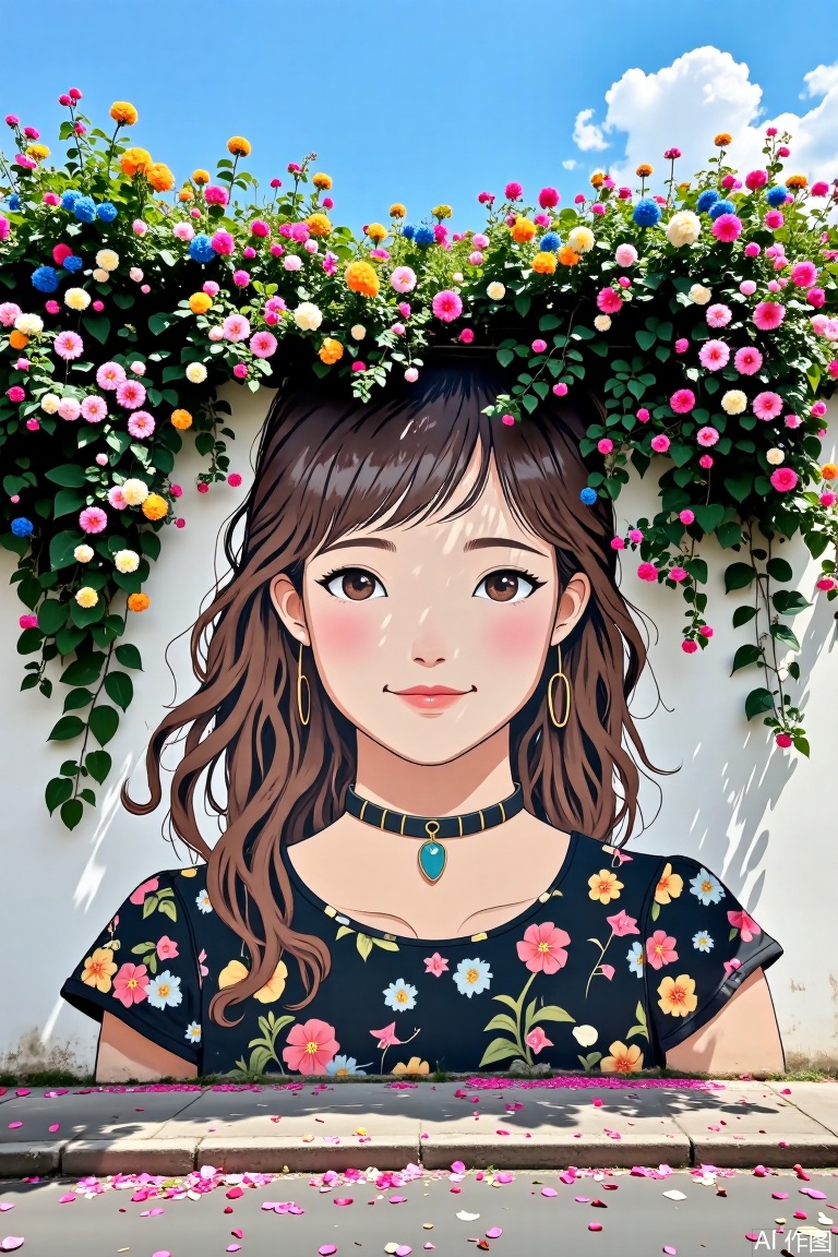 The image depicts a mural of a young woman with long brown hair and a black floral-patterned top. She is wearing a choker necklace with a blue pendant. The mural is surrounded by lush greenery and vibrant flowers, including pink, yellow, and blue blooms, which cascade over the top of the wall. The background shows a clear blue sky with a few clouds. There are also some scattered petals on the ground in front of the mural.