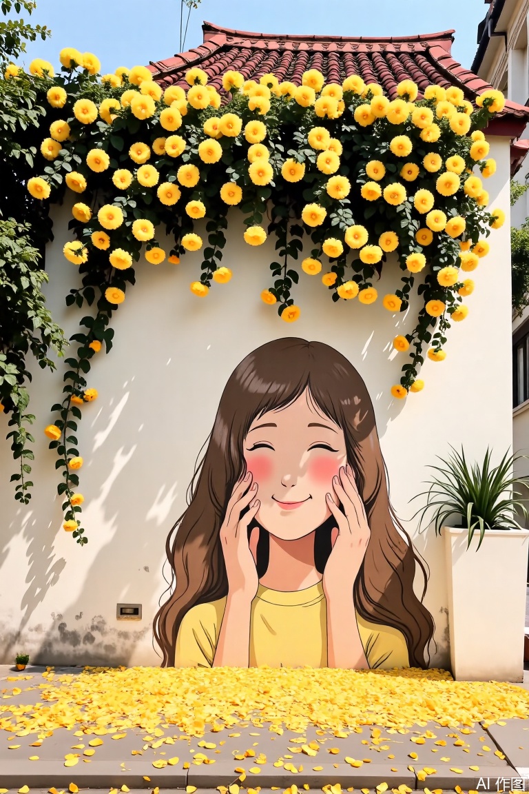The image depicts a mural of a young girl with long brown hair, smiling gently, set against the side of a white building. The mural is surrounded by a lush arrangement of yellow flowers that cascade down from the top of the building, creating a striking contrast with the white wall. The ground in front of the mural is covered with scattered yellow petals, enhancing the floral theme. The building has a traditional tiled roof, and there are some plants visible on the left side of the mural. The sky is clear, suggesting a bright and sunny day.