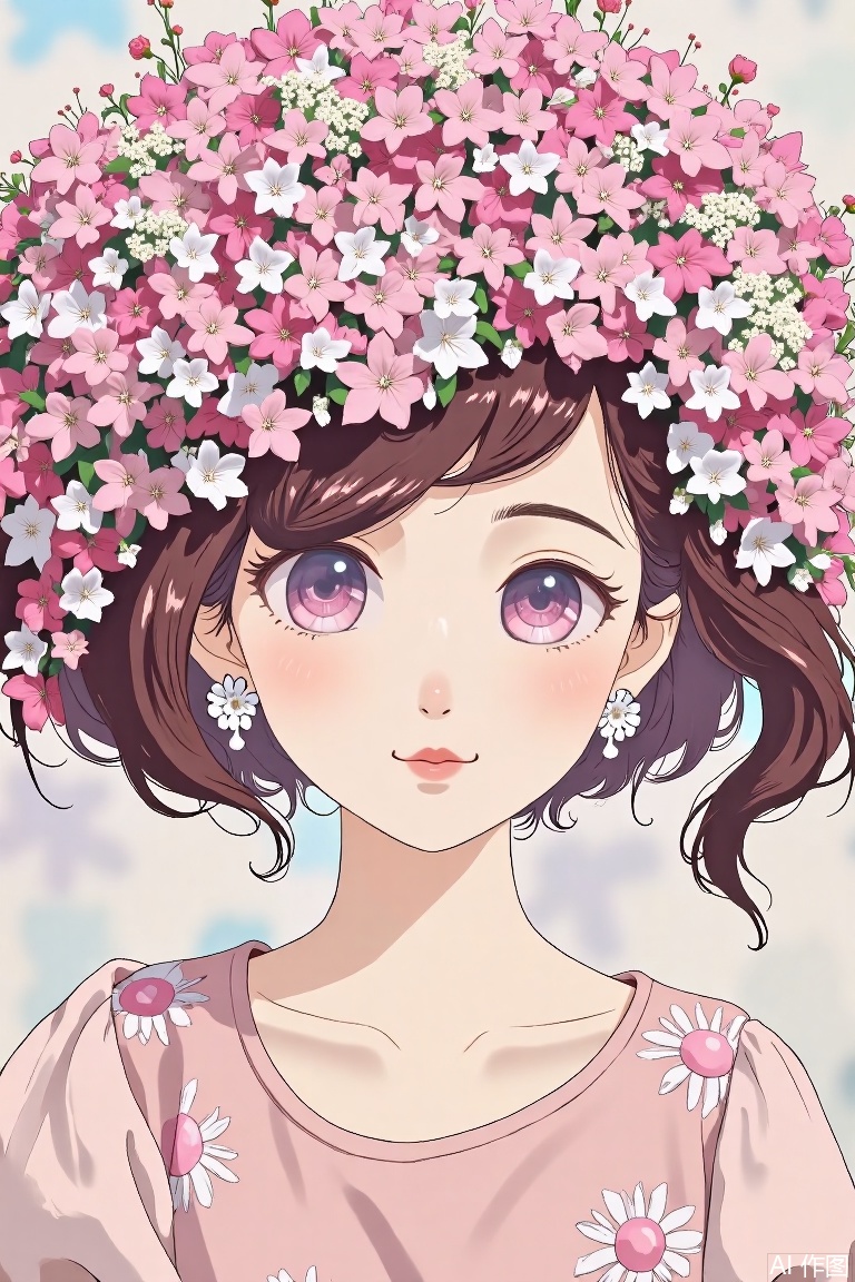 The image depicts a stylized illustration of a young woman with large, expressive eyes. She is adorned with an elaborate floral headdress made of pink and white flowers, which cascade down her hair. Her attire includes delicate floral decorations on her clothing, and she is wearing large, dangling earrings. The background is a soft, pastel-colored surface, complementing the overall serene and ethereal aesthetic of the scene.