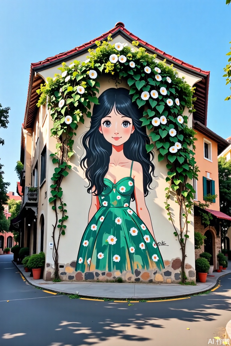 The image depicts a mural on the side of a building, featuring a woman dressed in a green dress adorned with white flowers. The mural is painted in a realistic style, with the woman's long black hair cascading down her shoulders. She is surrounded by lush green foliage, including large white flowers and vines that extend from the wall to the ground. The building itself has a rustic appearance, with a tiled roof and several windows, some of which have potted plants. The street in front of the building is lined with trees, and the sky above is clear and blue, suggesting a sunny day. The mural is a striking example of street art, blending seamlessly with the urban environment.