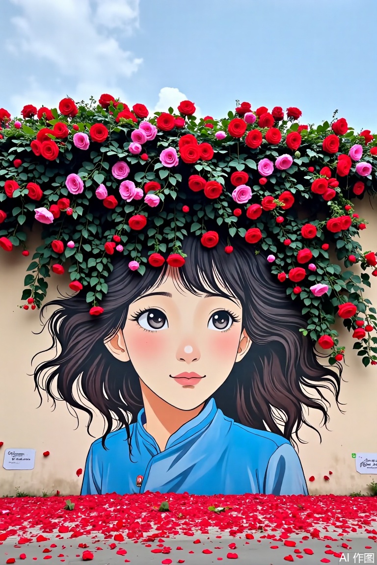 The image depicts a mural of a young woman with long black hair and a serene expression. She is wearing a blue garment. Her hair is adorned with vibrant red and pink roses, which cascade down her head and shoulders. The background is a light-colored wall, and the mural is surrounded by a lush arrangement of green foliage and red rose petals at the bottom. The sky above is clear with a few clouds, creating a peaceful and artistic atmosphere.