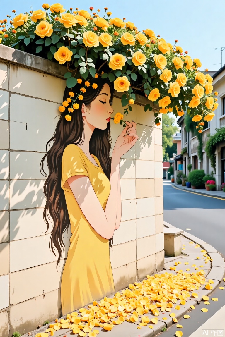 The image depicts a serene scene with a young woman wearing a yellow dress, standing against a white tiled wall. Her long, dark hair is adorned with yellow flowers, and she is gently blowing a yellow flower from her hand. The wall is covered with a lush, vibrant yellow rose bush that extends over it, creating a natural canopy. The ground in front of her is scattered with fallen yellow petals, enhancing the floral theme. In the background, a quiet street with a few buildings and greenery is visible, under a clear blue sky. The overall atmosphere is peaceful and harmonious, with a focus on the beauty of nature and the simplicity of the woman's interaction with the flowers.