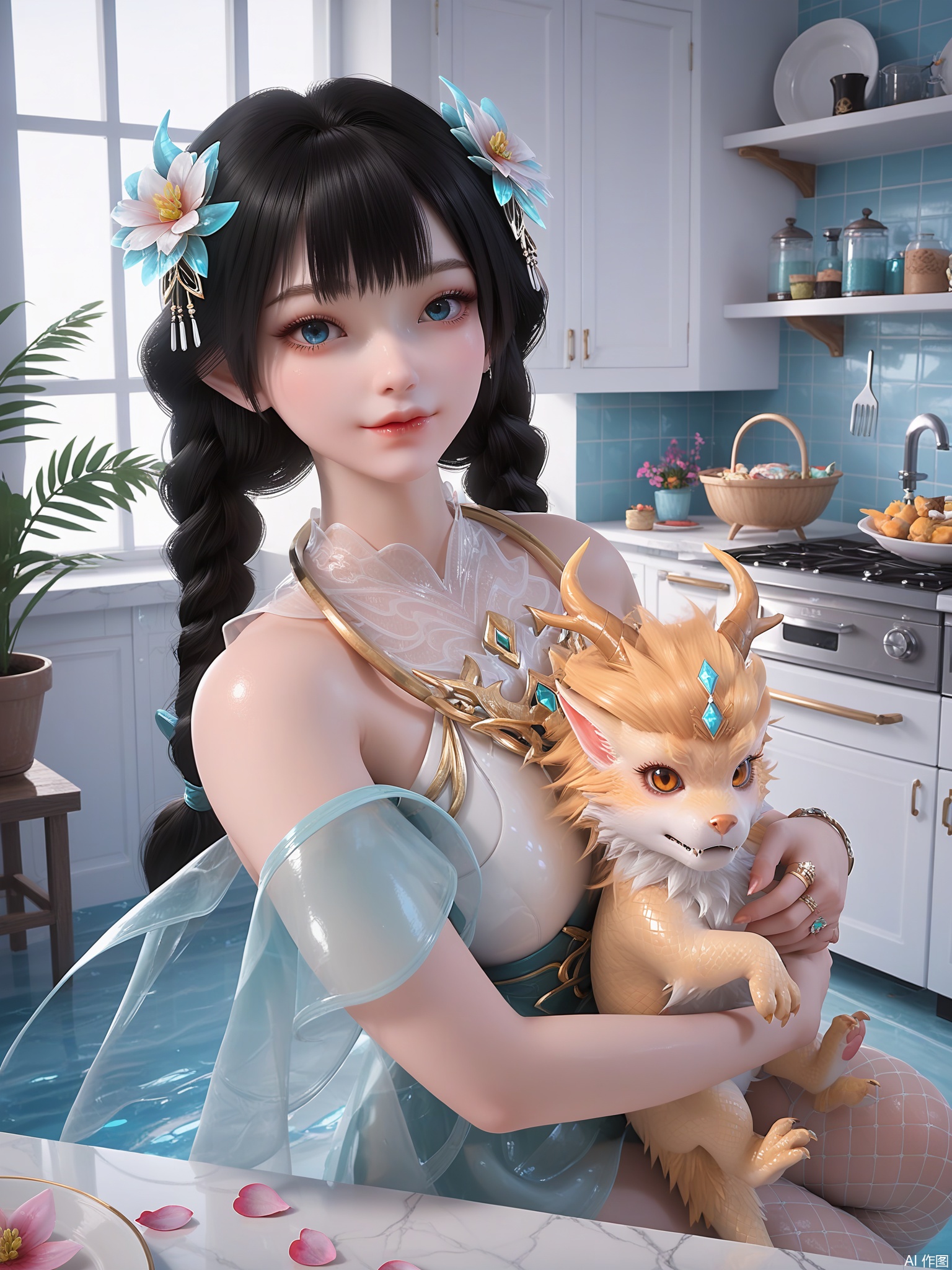 score_9,score_8_up,score_7_up,1girl,looking_at_viewer,realistic,1girl,Vivid Colors,bright environment,delicate water,shiny skin,shiny hair,reflection,flower sea,falling petals,extreme detail description,(upper body:1),long_hair,(skindentation:1.3),Fishnet stockings,black hair,holding animal,twin braids,dragon,ring,kitchen