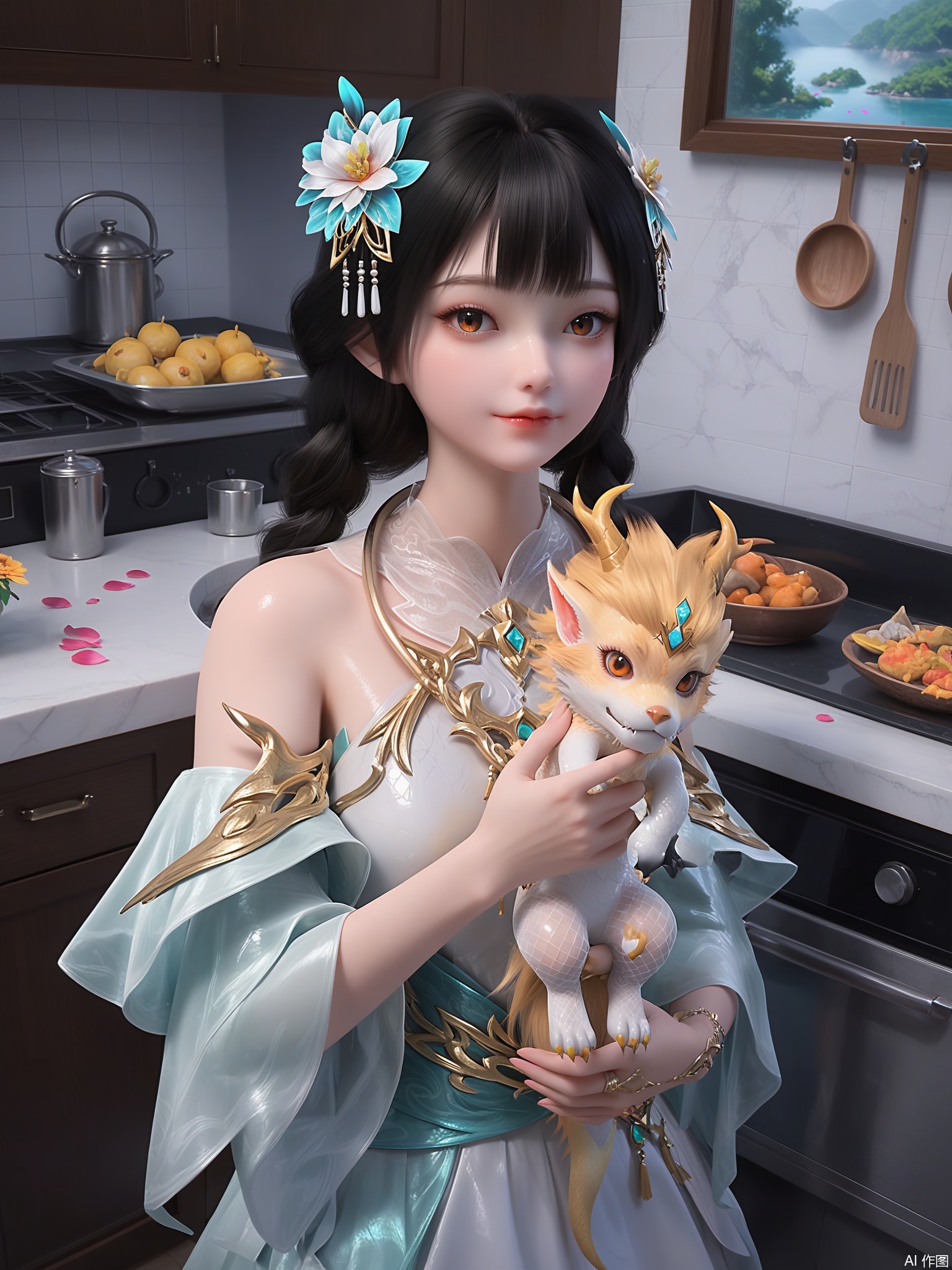 score_9,score_8_up,score_7_up,1girl,looking_at_viewer,realistic,1girl,Vivid Colors,bright environment,delicate water,hair_ornament,shiny skin,shiny hair,reflection,(wariza:1.2),dress,jewelry,flower sea,falling petals,extreme detail description,(full body:0.4),put one hand on your side,long_hair,(skindentation:1.3),Fishnet stockings,bright,sunshine on face,white dress,chinese_clothes,black-hair,kitchen,brown_eyes,holding animal,dragon