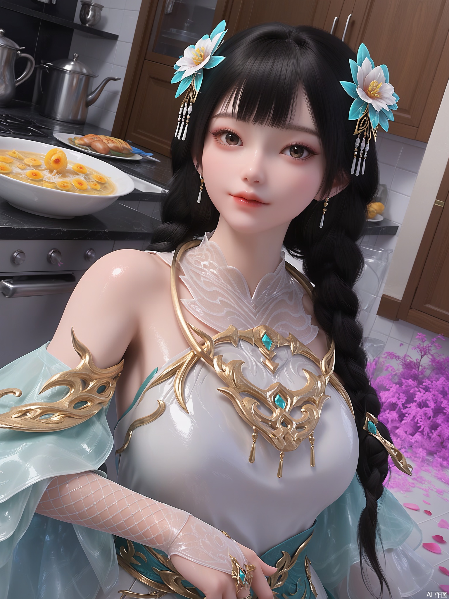 score_9,score_8_up,score_7_up,1girl,looking_at_viewer,realistic,1girl,Vivid Colors,bright environment,delicate water,hair_ornament,shiny skin,shiny hair,reflection,(wariza:1.2),dress,jewelry,flower sea,falling petals,extreme detail description,(full body:0.4),put one hand on your side,long_hair,(skindentation:1.3),Fishnet stockings,bright,sunshine on face,white dress,chinese_clothes,black-hair,kitchen,brown_eyes