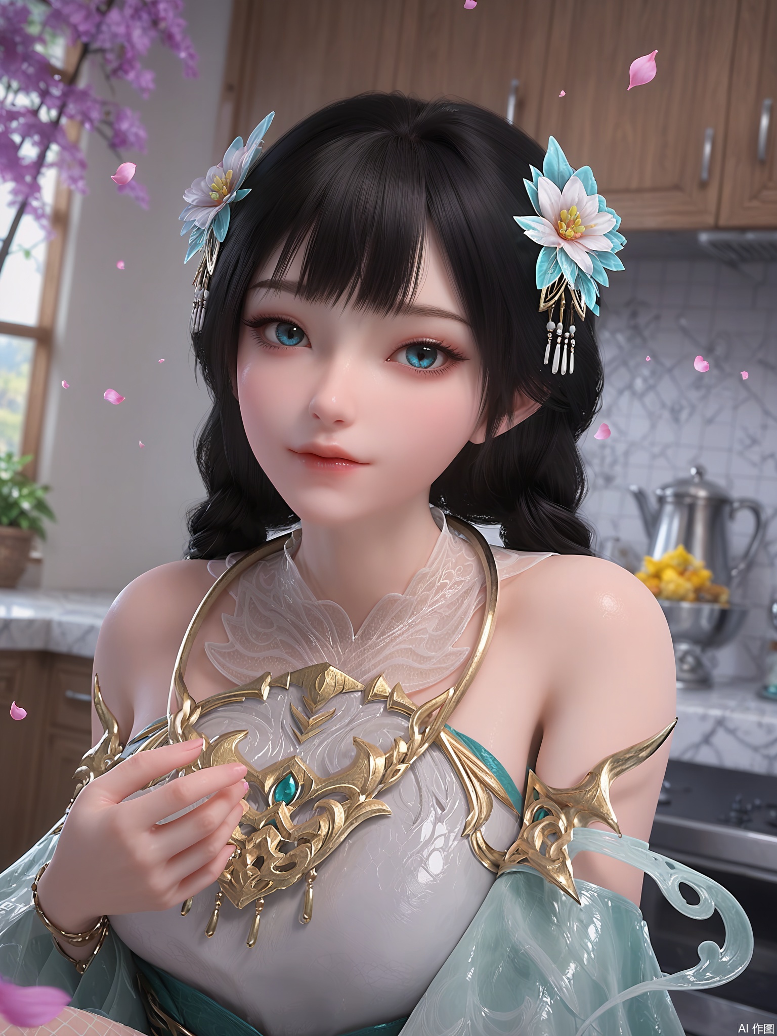 score_9,score_8_up,score_7_up,1girl,looking_at_viewer,realistic,1girl,Vivid Colors,bright environment,delicate water,shiny skin,shiny hair,reflection,flower sea,falling petals,extreme detail description,(upper body:1),put one hand on your side,kitchen,long_hair,(skindentation:1.3),Fishnet stockings,black_hair,dragon