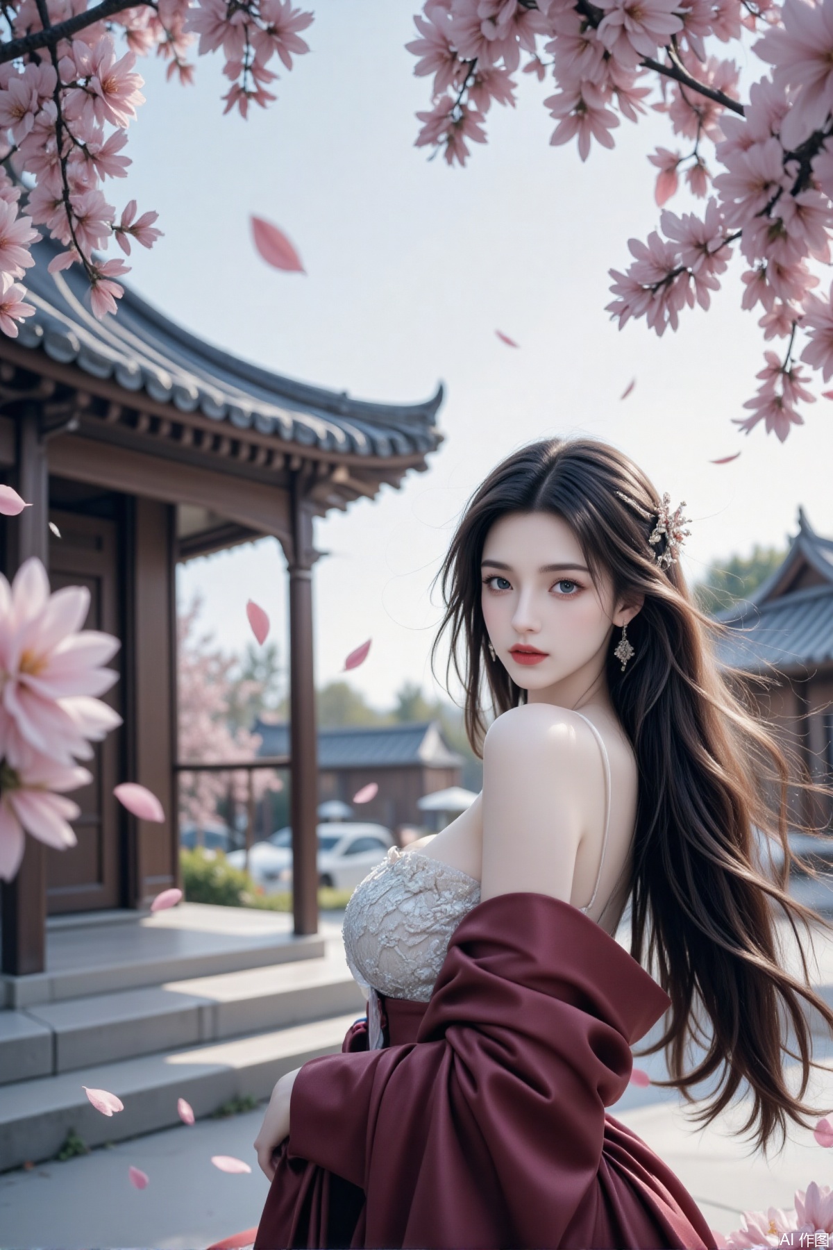 a serene and picturesque scene, likely inspired by traditional East Asian architecture and culture
A young woman is shown in the foreground, dressed in a traditional outfit with a deep red garment draped over her shoulder
Her hair is styled elegantly in a bun, adorned with delicate flowers and a ribbon, giving her a graceful and timeless appearance. Surrounding her are vibrant pink flowers, possibly cherry blossoms, which add a touch of natural beauty and tranquility to the scene
The background features traditional East Asian-style buildings with curved roofs and wooden structures, suggesting a historical or cultural setting
The soft lighting and floating petals enhance the peaceful and dreamy atmosphere of the image. Overall, the image evokes a sense of calm and beauty, blending natural elements with traditional aesthetics.