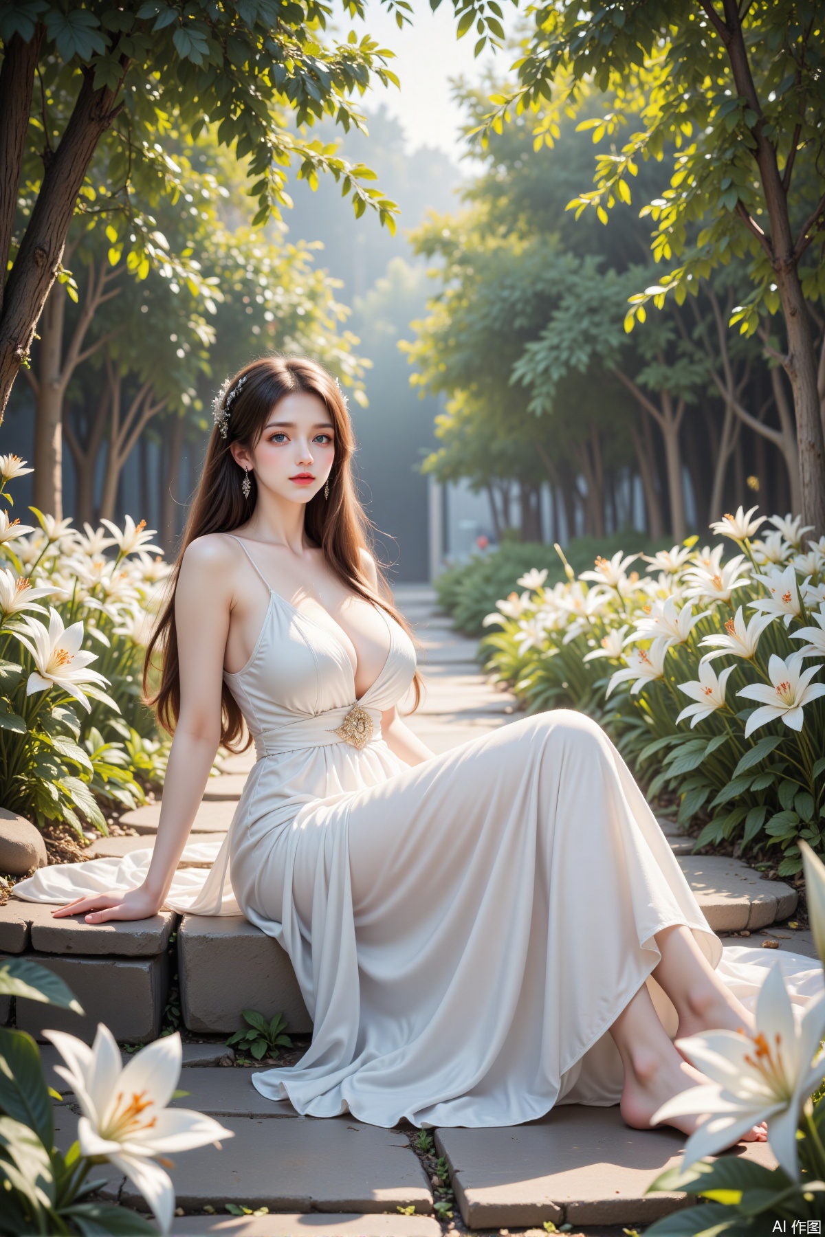  a serene outdoor setting with a woman dressed in a flowing white gown She is seated on a stone pathway surrounded by lush greenery and blooming white flowers The sunlight filters through the trees, casting a warm and peaceful ambiance over the scene The woman appears to be in a relaxed pose, with her legs extended and her hands resting on the ground The overall atmosphere is tranquil and picturesque, evoking a sense of calm and beauty.