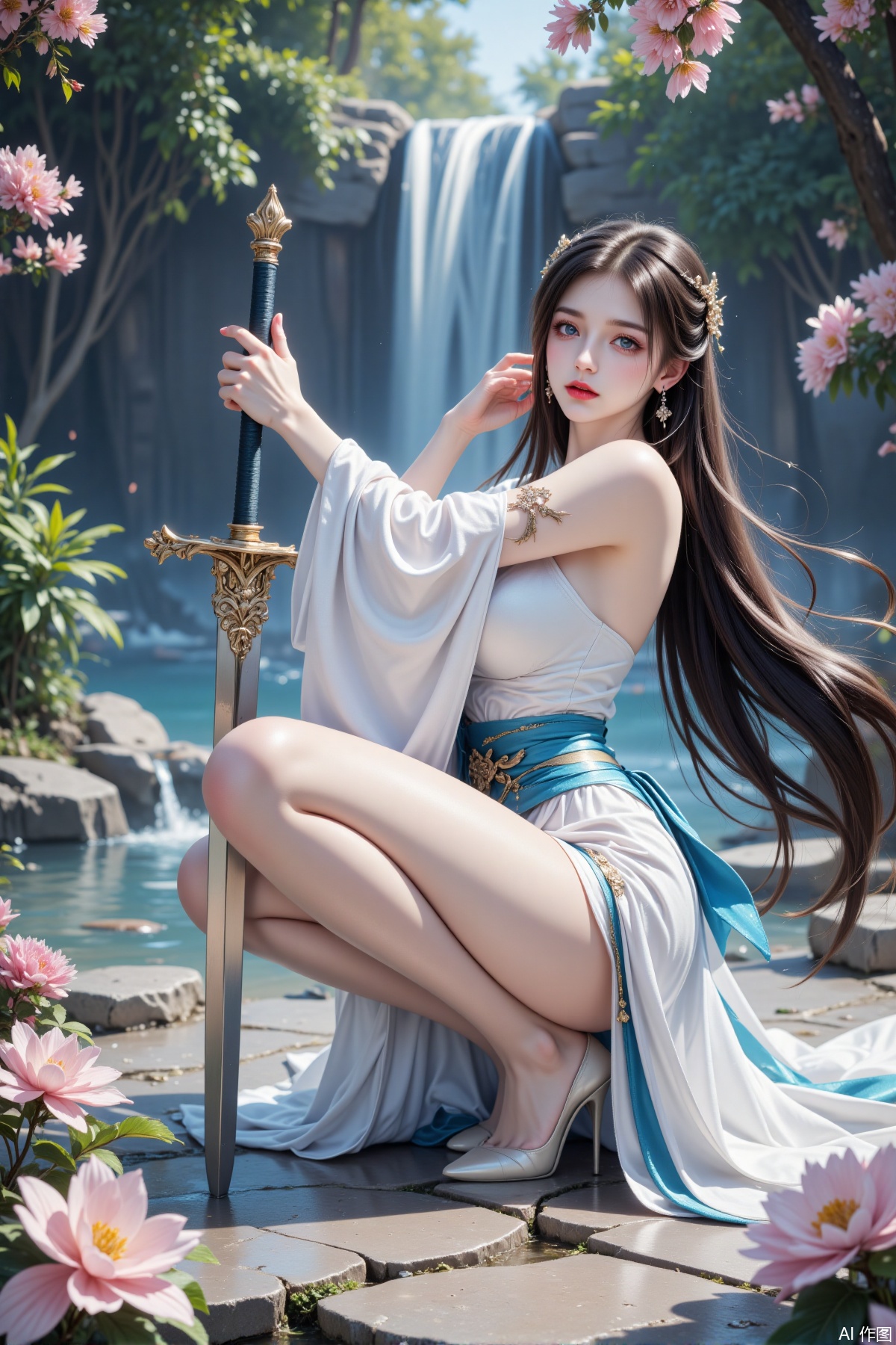 The image depicts a serene and mystical scene with a woman dressed in traditional attire, crouching on a stone pathway surrounded by lush greenery and blooming flowers. She is holding a sword with ornate golden details, suggesting a sense of readiness or readiness to defend. The background features a cascading waterfall, adding a tranquil and natural element to the composition. The woman's outfit is white with blue accents, and her long black hair is tied back, adorned with a small crown-like accessory. The overall atmosphere is peaceful and harmonious, blending elements of nature and traditional aesthetics.