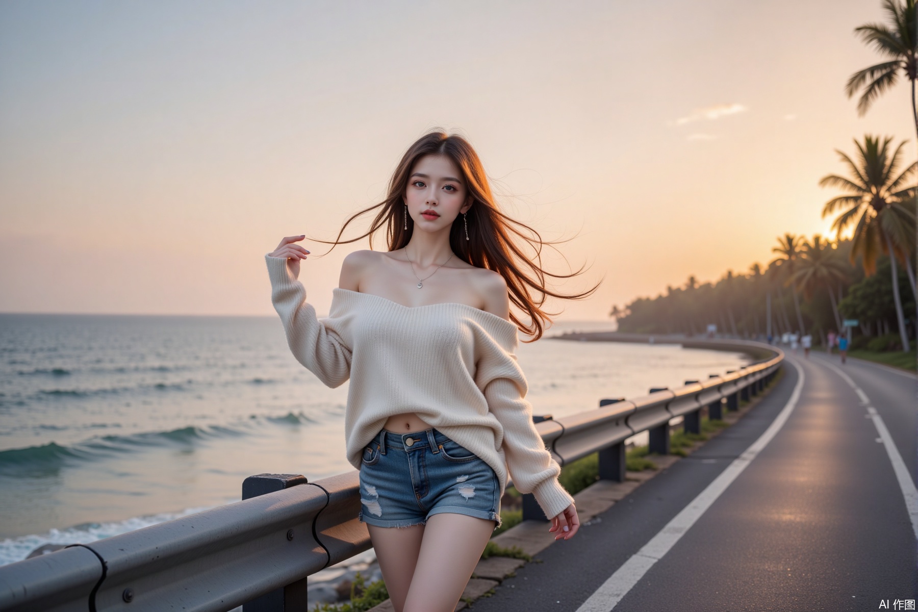 Young woman wearing off-shoulder sweater with denim shorts, standing by the guardrail of the coastal highway, the sea breeze blows long hair, coconut trees and gradient sunset in the background, using soft light filters and shallow depth of field effect, 8k ultra-clear image quality