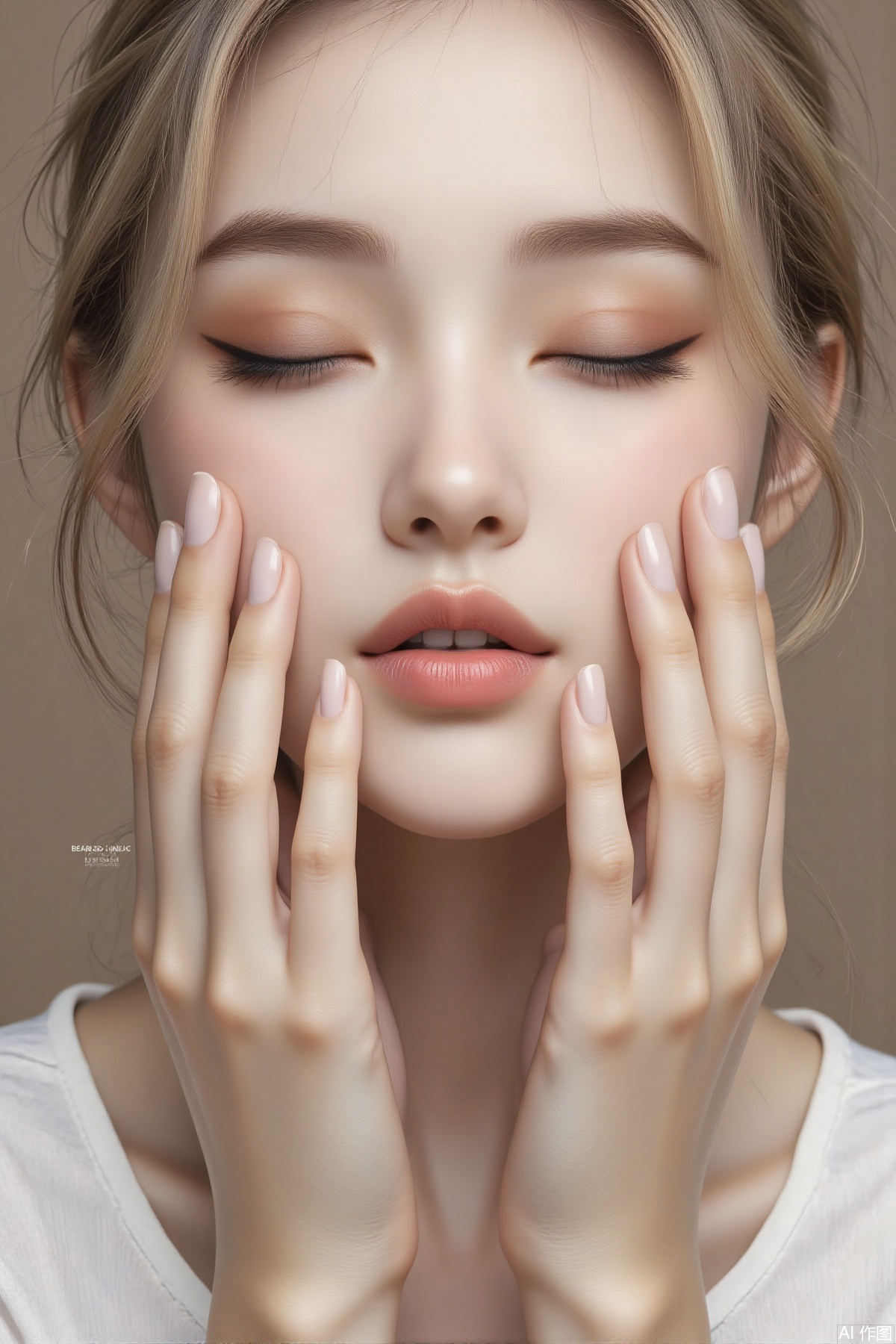 The image depicts a close-up of a person's face, focusing on their hands and lips. The person has light skin, blonde hair, and is wearing a white top. Their eyes are slightly closed, and they have a subtle expression. The hands are gently touching the cheeks, with the fingers delicately placed. The background is a solid, muted color, providing a clear contrast to the subject. The image is signed "BEARDED UNCLE AUGIC DESIGN" in the bottom right corner,oily