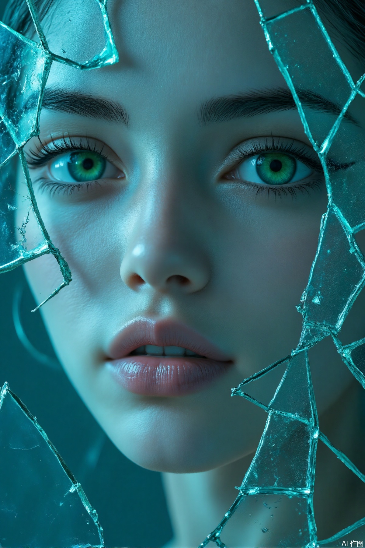 The image depicts a close-up of a person's face partially obscured by shattered glass. The person has light skin and is wearing subtle makeup, including eyeliner and lipstick. Their eyes are striking, with vivid green irises that stand out against the blue-toned background. The glass shards are sharp and reflective, creating a fragmented effect that partially covers the person's face. The overall color scheme is dominated by shades of blue and teal, giving the image a surreal and ethereal atmosphere. The shattered glass adds a sense of tension and mystery to the scene.