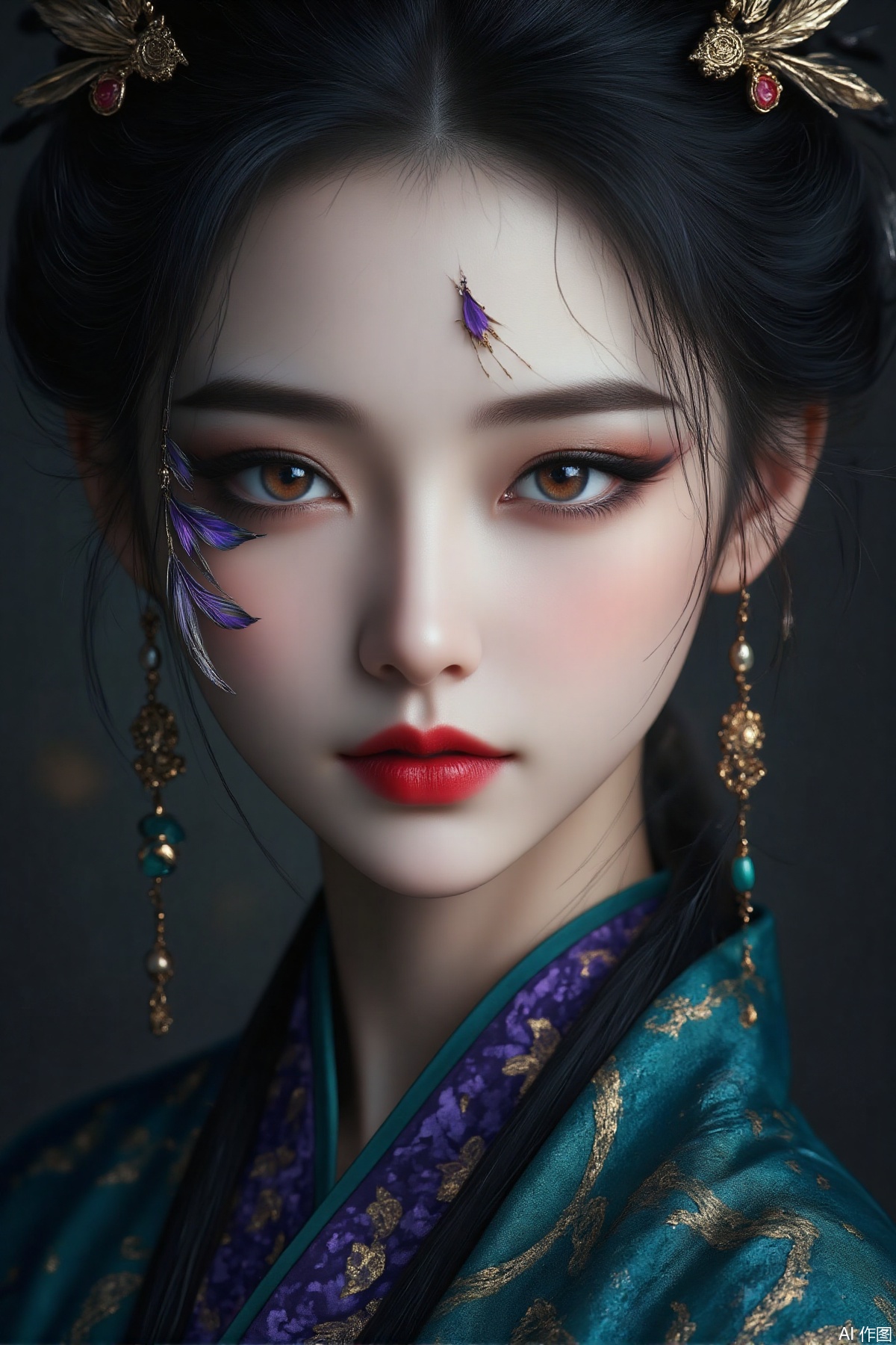 The image depicts a highly detailed and stylized portrait of a woman. She has long, dark hair adorned with intricate, ornate accessories. Her eyes are striking, with dark eyeliner and a vivid purple irise, complemented by a delicate, feather-like accessory extending from her right eye. Her lips are painted a bright red, adding a bold contrast to her pale skin. She is wearing traditional attire with a rich, teal-colored fabric featuring intricate patterns. The background is blurred, focusing attention on the detailed and vibrant elements of her appearance.