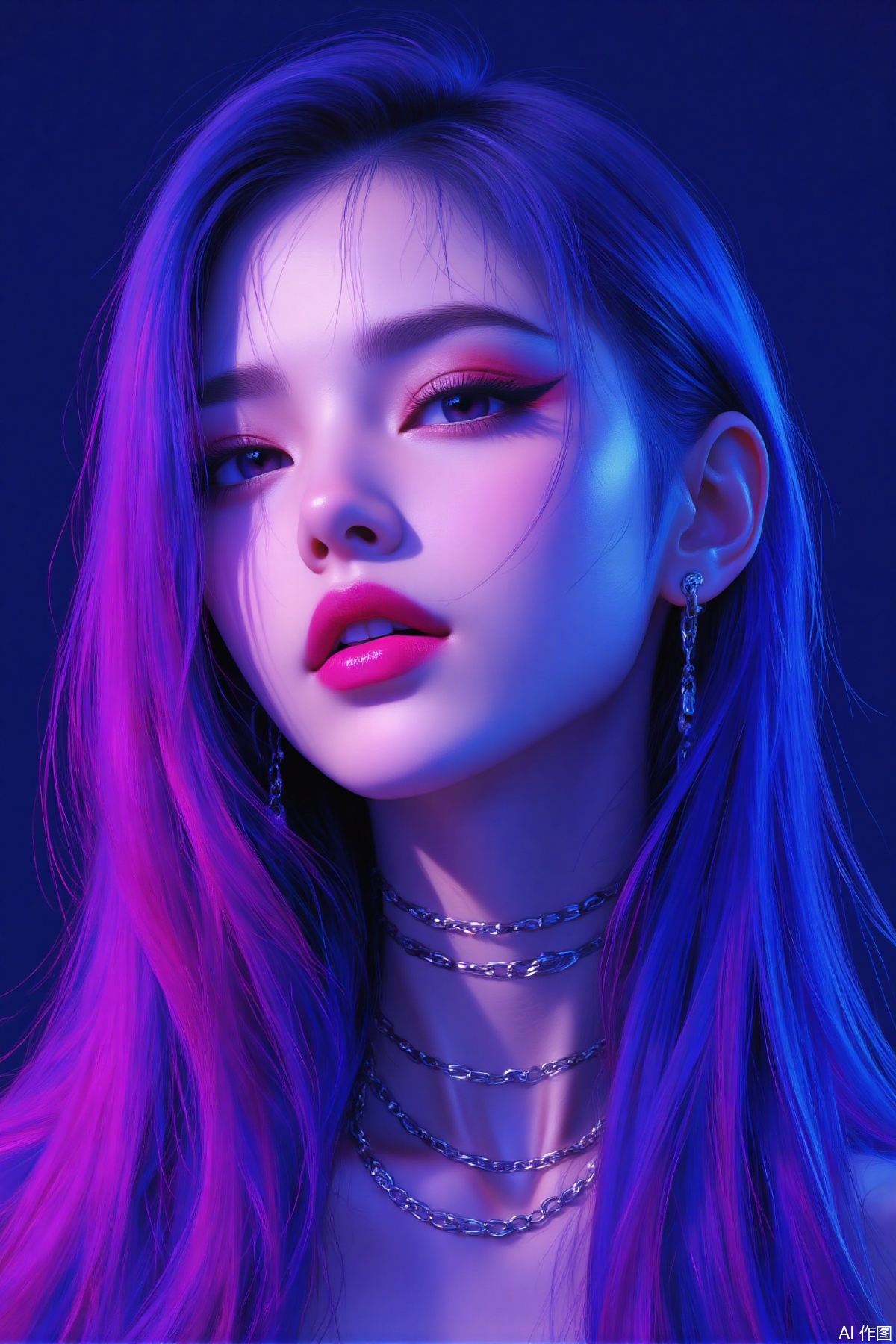The image depicts a stylized, digitally rendered portrait of a young woman with long, flowing hair that transitions from a vibrant pink to a deep blue. Her skin has a smooth, almost ethereal quality, highlighted by subtle lighting that accentuates her cheekbones and lips. She is wearing multiple chains around her neck, adding a modern, edgy touch to her appearance. Her eyes are striking, with dark eyeliner and bright red eyeshadow that contrast sharply with her pale skin. The background is a solid, deep blue, which complements the overall color scheme of the image. The woman's expression is neutral yet captivating, with her lips slightly parted as if she is about to speak or sing.