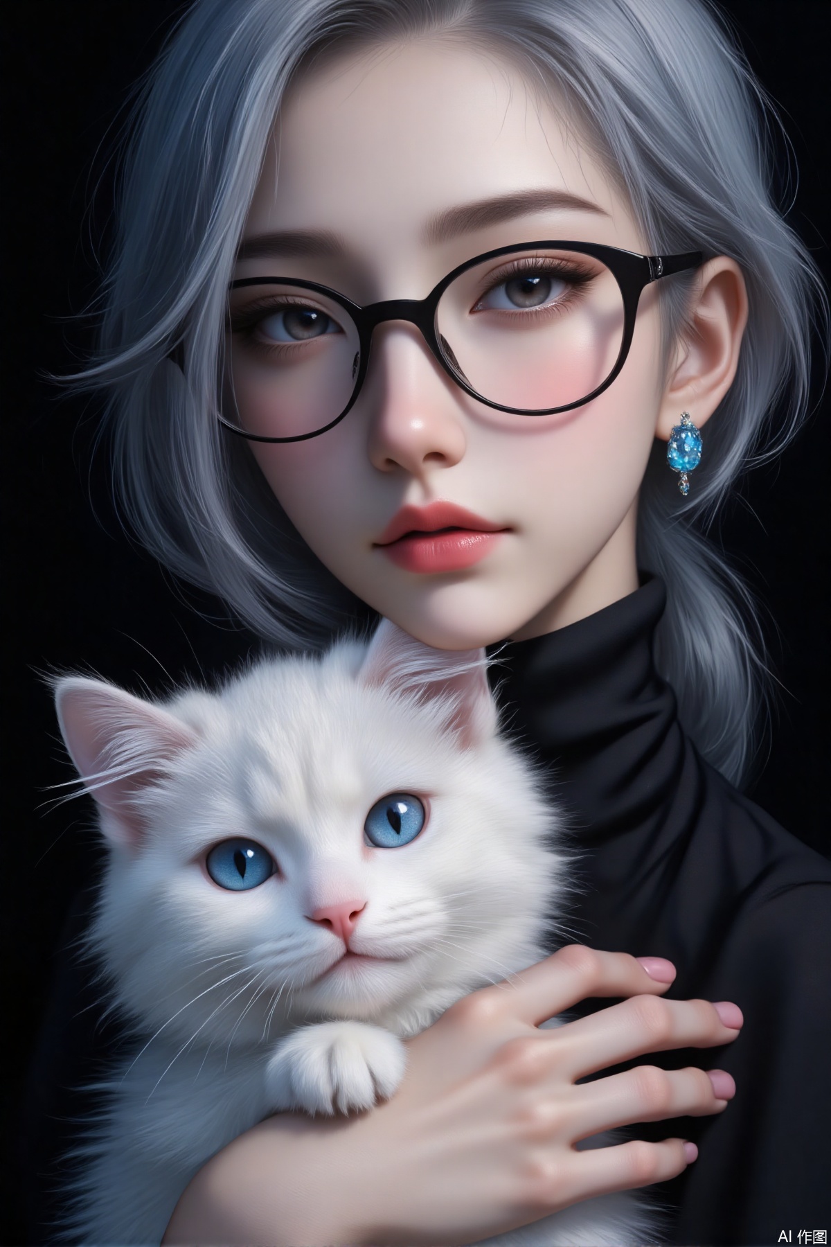 The image depicts a person with light gray hair and glasses, wearing a black turtleneck. They have a blue gemstone earring and are holding a fluffy white cat with striking blue eyes. The background is dark, which contrasts with the bright colors of the person and the cat. The overall atmosphere is serene and intimate, with the cat appearing calm and the person gently cradling it.