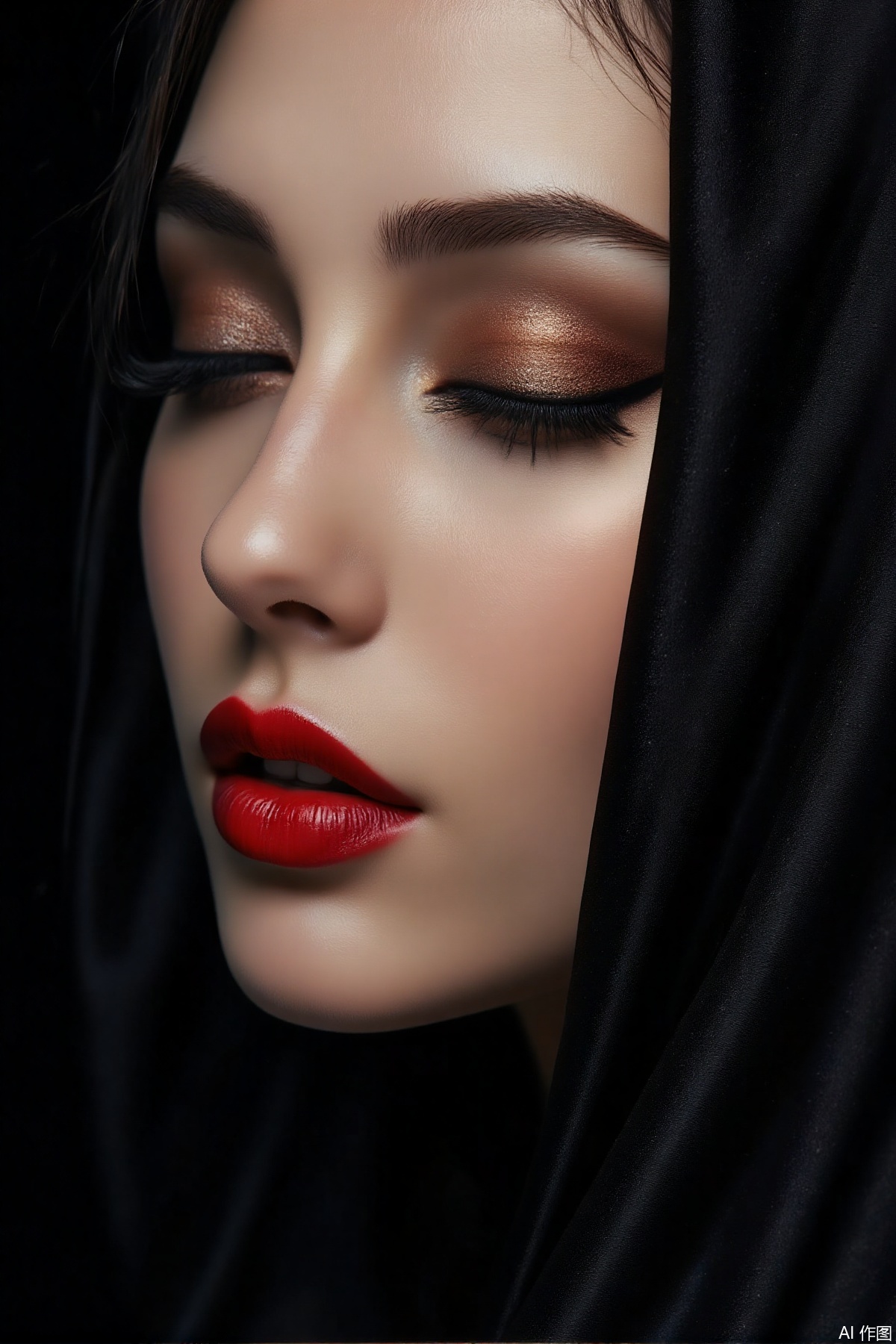 The image features a close-up of a woman's face, showcasing her striking makeup. Her eyes are adorned with long, dark eyeliner that extends into a dramatic wing shape, enhancing her almond-shaped eyes. Her eyebrows are well-groomed and arched, complementing her smooth, flawless skin. The makeup is bold, with a shimmering, metallic eyeshadow that transitions from a deep brown at the inner corner to a lighter shade towards the outer corner. Her lips are painted a vivid red, glossy and full, adding a pop of color to the overall look. The woman's skin is smooth and flawless, with a subtle sheen that reflects light. She is wearing a black fabric that drapes elegantly over her face, adding a sense of sophistication and mystery to the image. The background is dark, which contrasts with the woman's illuminated face, drawing attention to her striking features.