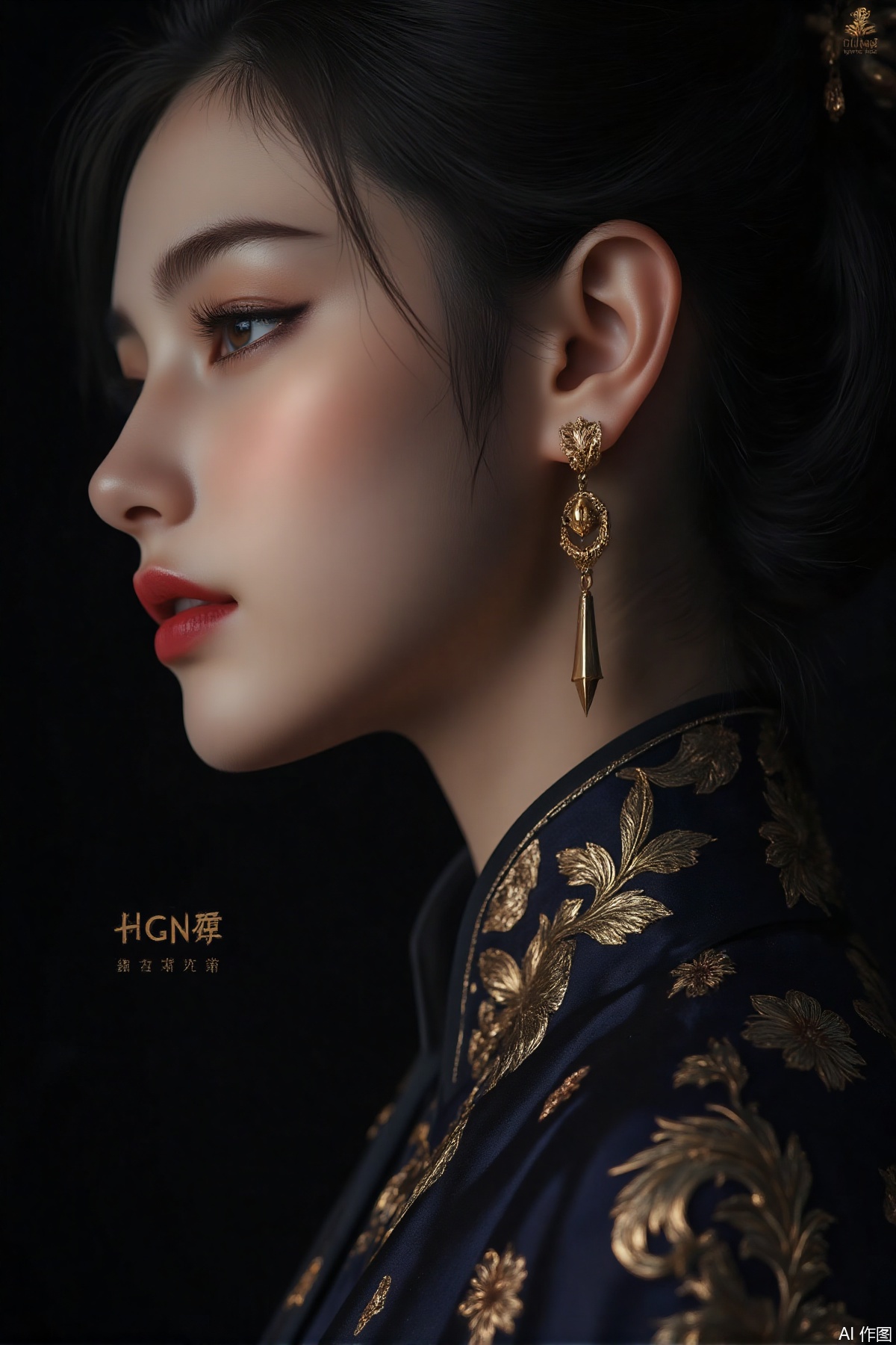 The image depicts a close-up of a woman's profile, focusing on her side and upper neck area. She is wearing a high-collared garment with intricate gold floral patterns. Her long, dark hair is styled elegantly, and she has a striking gold earring with a pointed design. The background is dark, which contrasts with her illuminated face and the details of her attire. The image is signed with the text "HG" and "HGNB" in Chinese characters, along with a logo.