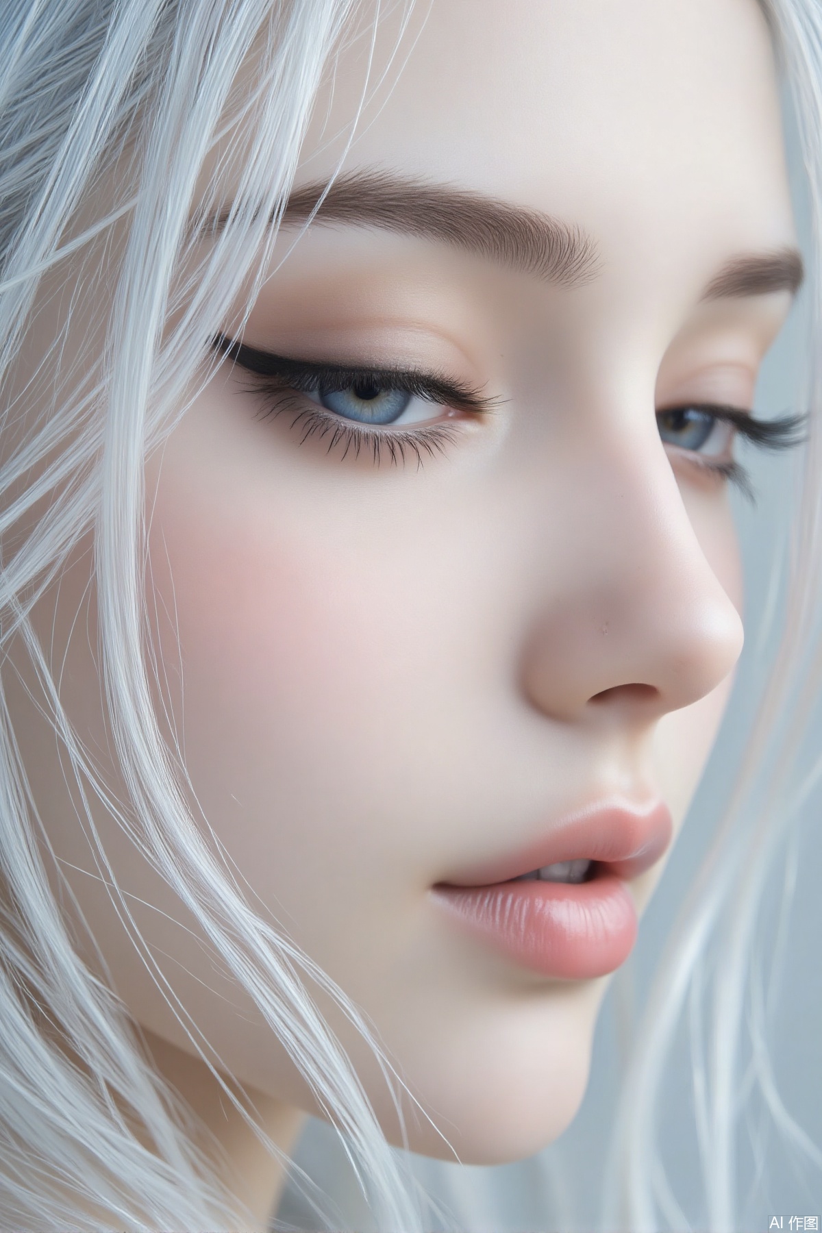 The image depicts a close-up of a person's face, focusing on their right side. The individual has long, white hair that partially covers their forehead. Their skin is smooth and pale, with a subtle blush on their cheeks. The person's eye is visible, featuring long, delicate eyelashes and a blue iris. The eye is closed, giving a serene and contemplative expression. The background is blurred, creating a soft, dreamy effect that complements the overall ethereal appearance of the person.
