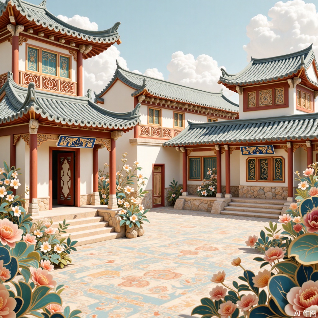 Pattern illustration,Ancient-style courtyard