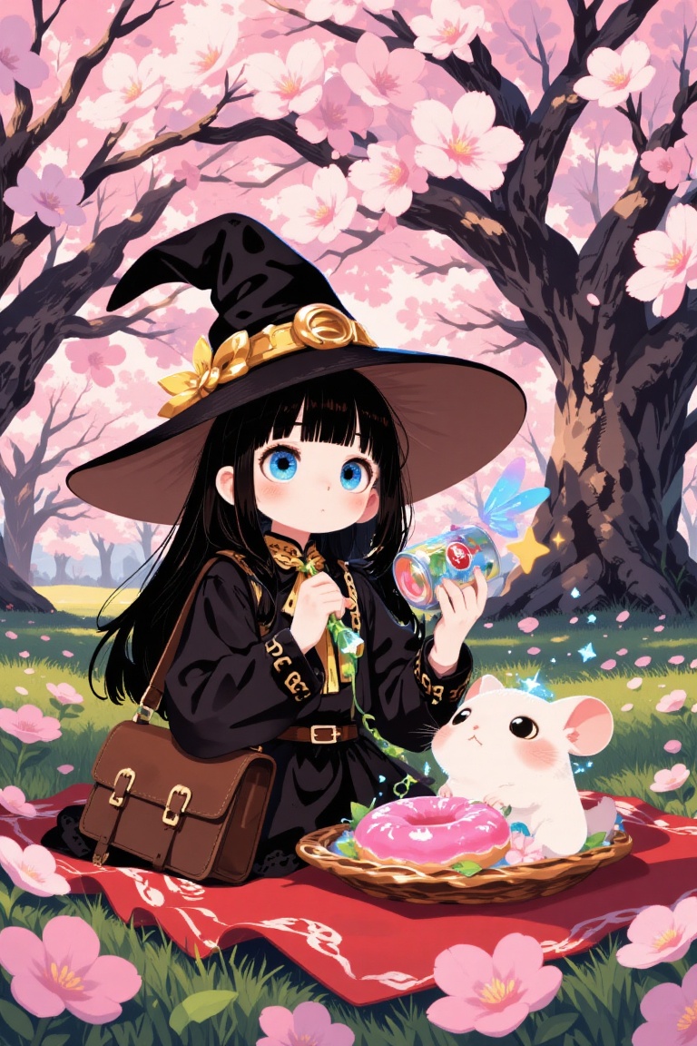 A masterpiece digital art illustration of a charming witch girl enjoying a spring picnic under a massive Sakura tree. She...