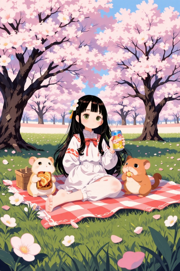 A high-quality flat anime style illustration of a serene picnic scene under blooming Sakura trees. A young girl with flowi...