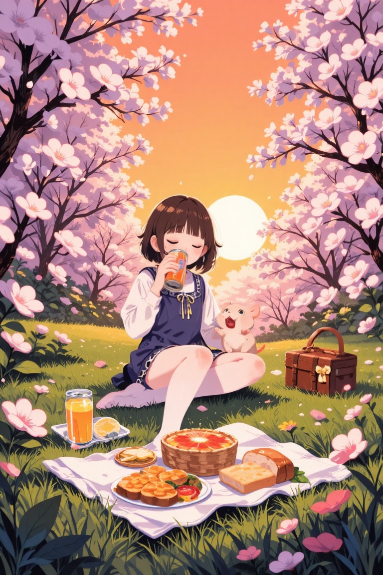 A nostalgic flat anime style illustration capturing a golden hour picnic. The scene depicts a girl sitting on a grassy hil...