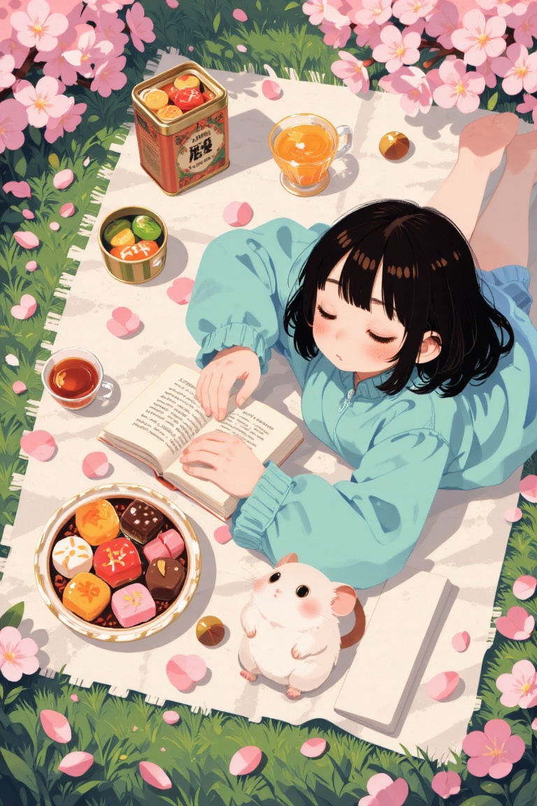 An artistic top-down view of a spring picnic layout in a clean,  flat anime art style. The composition includes a variety...