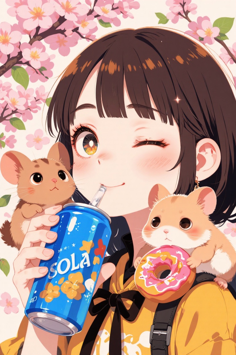 A vibrant and colorful flat anime artwork featuring a close-up of a cheerful girl winking. She is holding a cold soda can...
