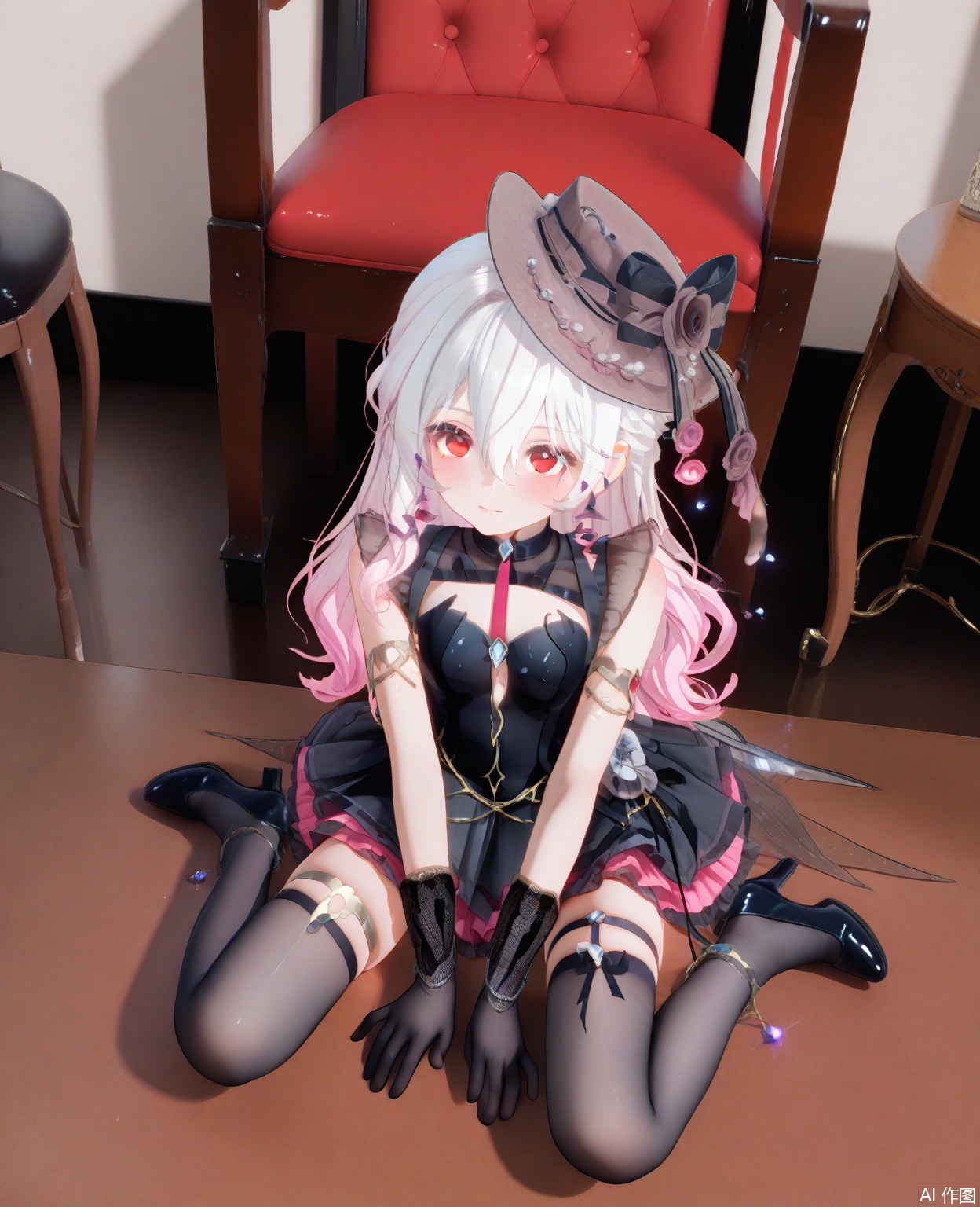 masterpiece,high quality,best quality,1loli,jikan,solo,sit on the floor,long hair,breasts,red eyes,gloves,hat,dress,hair between eyes,jewelry,pink hair,white hair,multicolored hair,earrings,black gloves,black dress,(white thighhighs),footwear,high heels,short dress,thigh strap