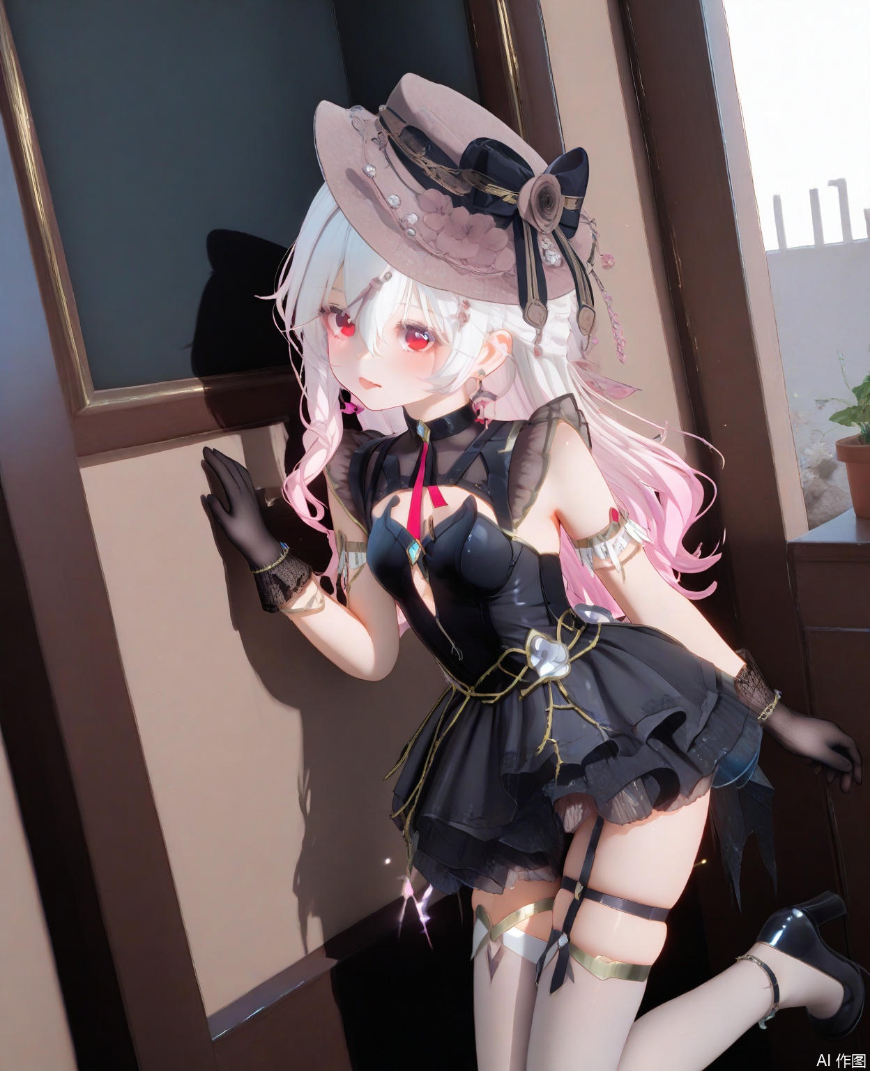 masterpiece,high quality,best quality,1loli,jikan,solo,long hair,breasts,red eyes,gloves,hat,dress,hair between eyes,jewelry,pink hair,white hair,multicolored hair,earrings,black gloves,black dress,(white thighhighs),footwear,high heels,short dress,thigh strap