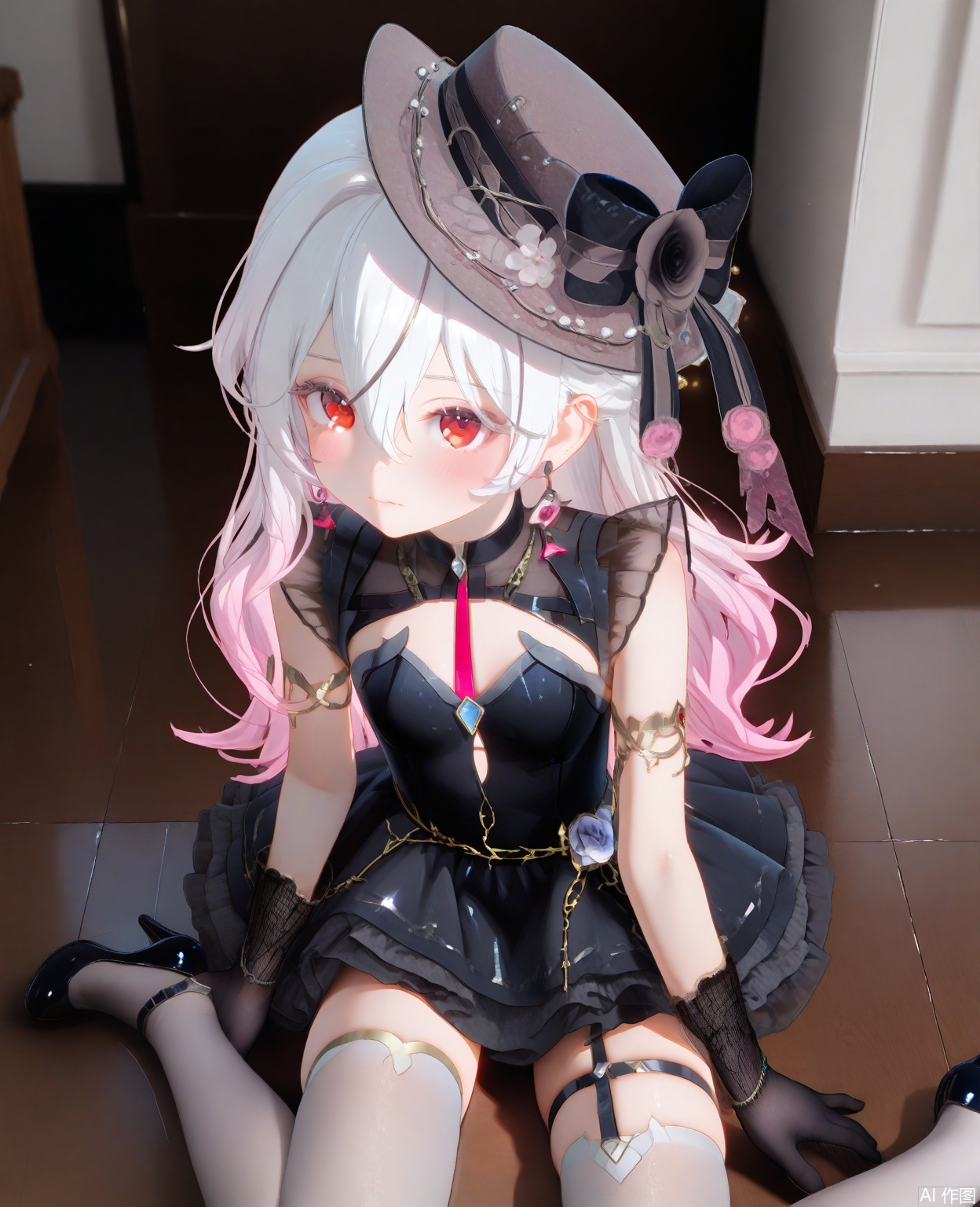 masterpiece,high quality,best quality,1loli,jikan,solo,sit on the floor,long hair,breasts,red eyes,gloves,hat,dress,hair between eyes,jewelry,pink hair,white hair,multicolored hair,earrings,black gloves,black dress,(white thighhighs),footwear,high heels,short dress,thigh strap