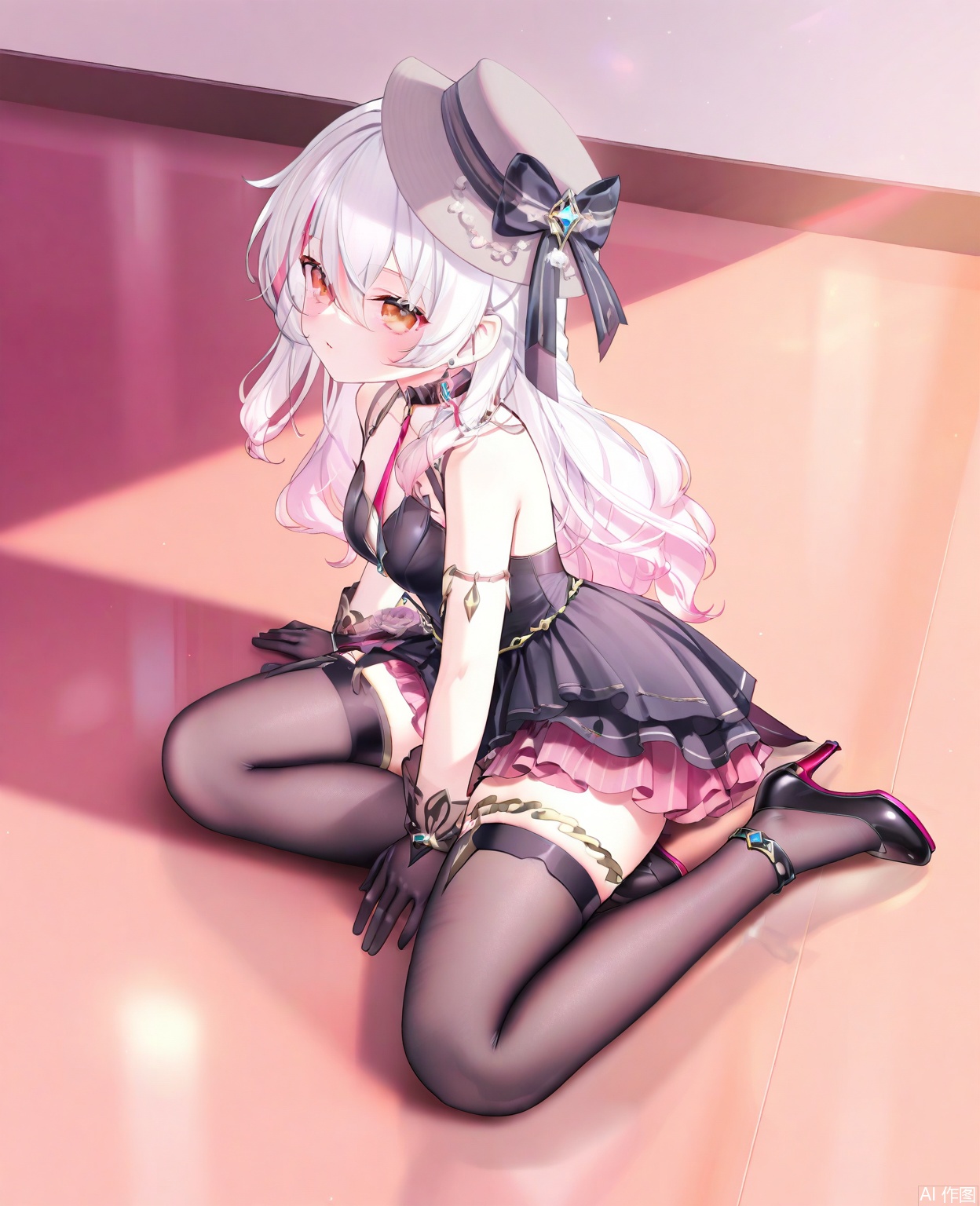 masterpiece,high quality,best quality,1girl,solo,sit on the floor,long hair,breasts,red eyes,gloves,hat,dress,hair between eyes,jewelry,pink hair,white hair,multicolored hair,earrings,black gloves,black dress,thighhighs,footwear,high heels,short dress,thigh strap,jikan