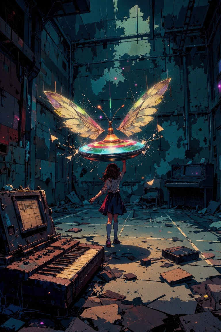 Create a dreamy,  surreal scene where an insect girl with delicate wings is spinning a glowing,  multi-colored spinning to...