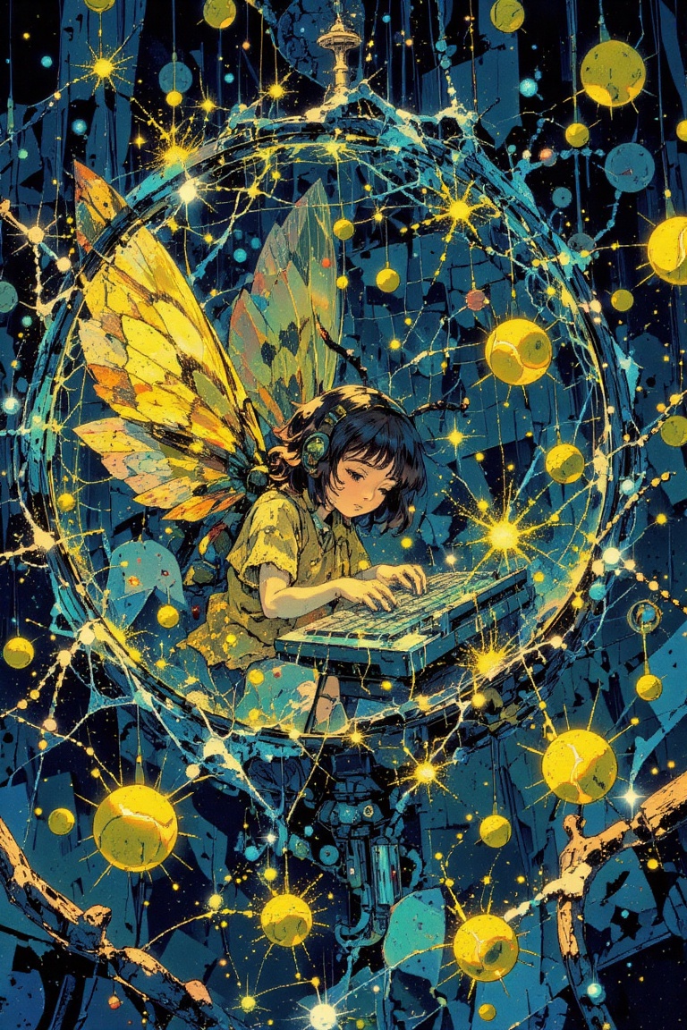 An intricate scene of a petite insect girl with multi-layered lace-like wings,  curled up inside a cocoon made of tennis n...