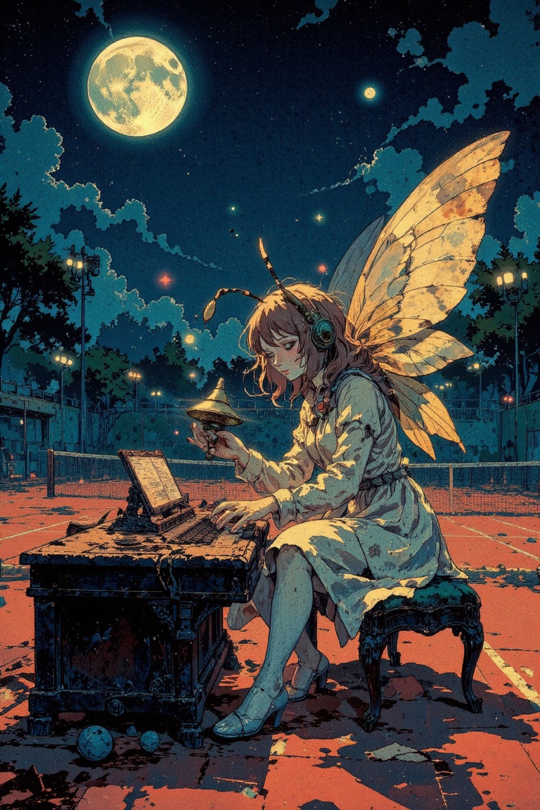 Create a surreal and dreamlike scene where an Insect Girl,  with delicate wings and intricate patterns,  is seen playing w...