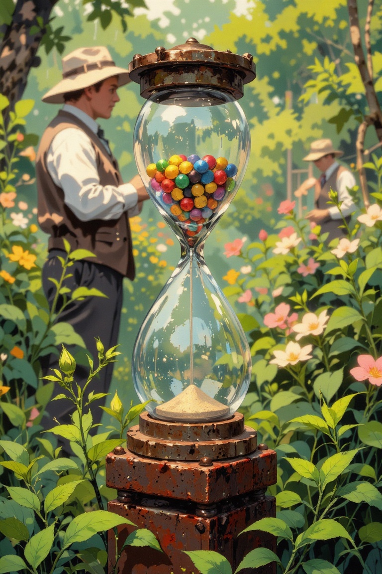 The image shows an hourglass placed on a rustic,  rusted base,  surrounded by lush greenery. The hourglass contains colorf...