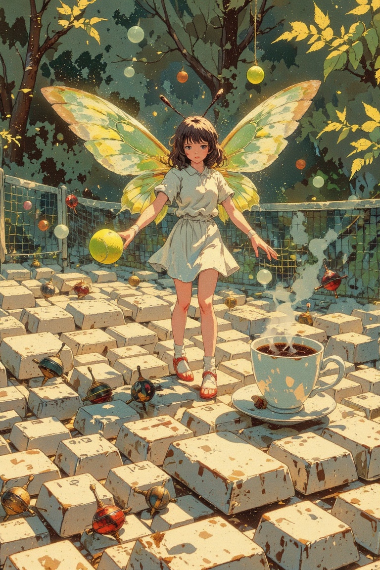 Natural and complex composition featuring an insect girl with delicate butterfly antennae and wings,  standing on a tennis...