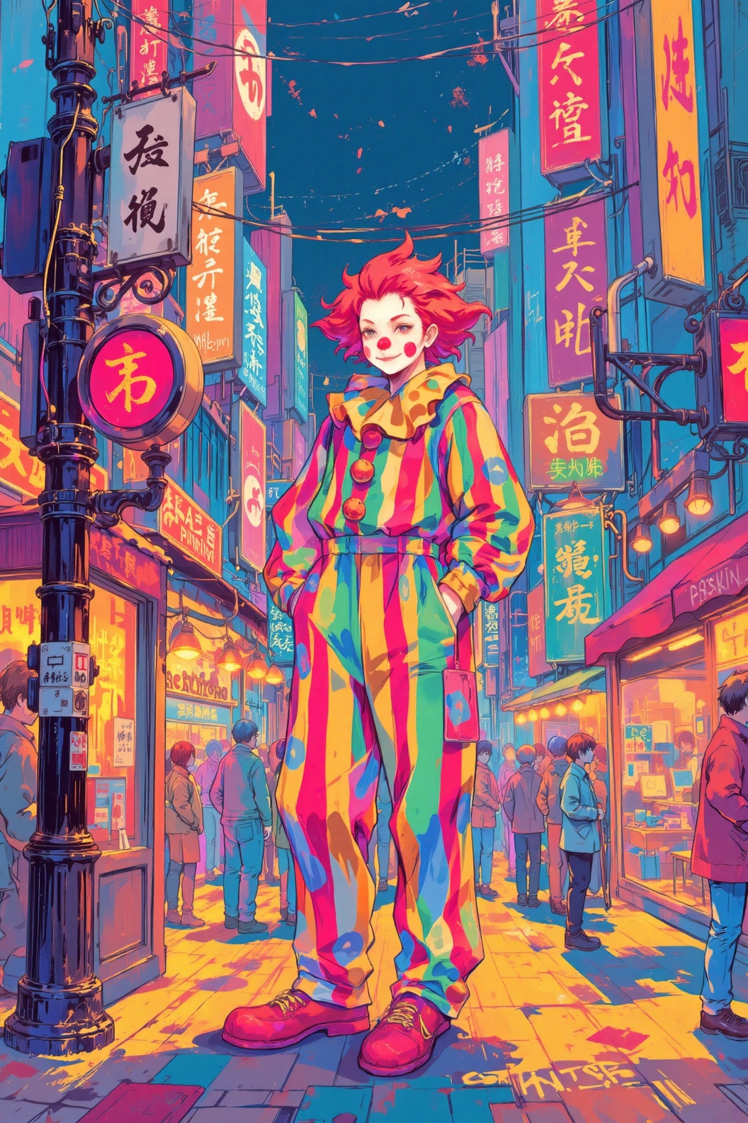 Create a striking image of an attractive stripe clown standing on a bustling street corner. The clown exudes a captivating...