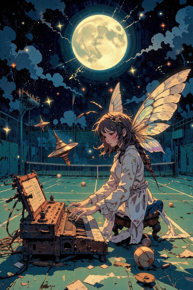 Create a surreal and dreamlike scene where an Insect Girl,  with delicate wings and intricate patterns,  is seen playing w...