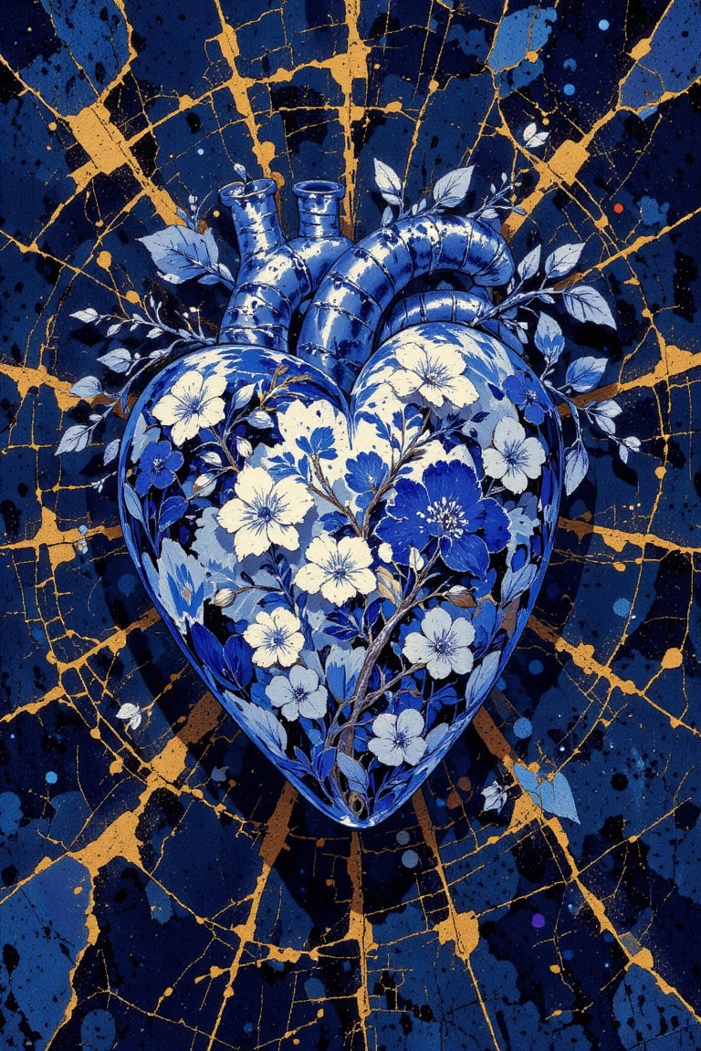 The image depicts a heart that is intricately designed with blue and white floral patterns,  resembling traditional cerami...