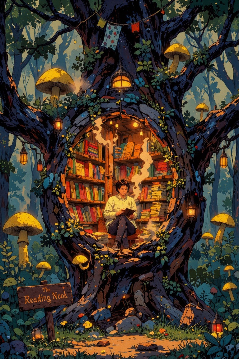 The image depicts a whimsical,  tree-like structure that resembles a cozy reading nook. A person is seated inside,  surrou...