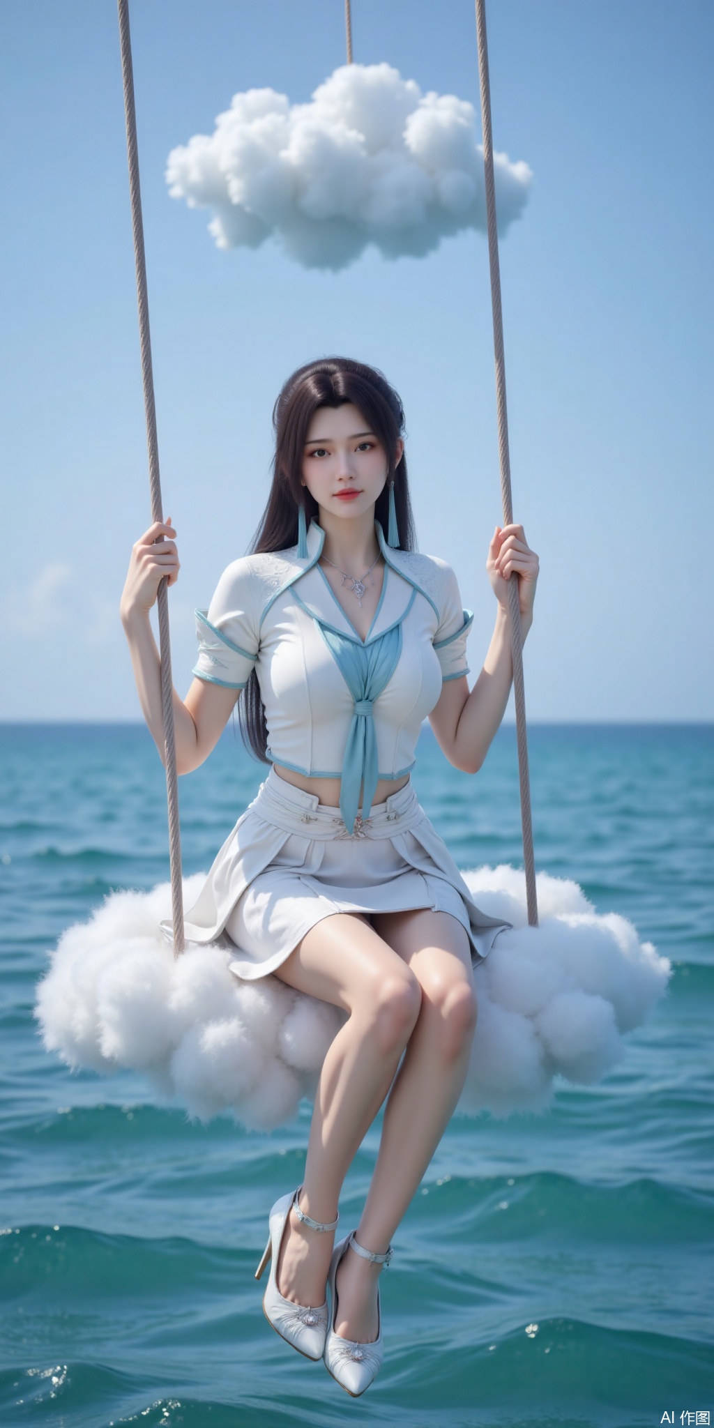 真人肌肤纹理, 4K画质,完美身材,long legs,big_breasts,navel,,Film texture,, film and television, surrealism, a girl with a delicate face is sitting on a cloud swing. The girl is wearing a jk sailor uniform, a white short-sleeved shirt, light blue stripes trimming, a light blue tie, white blue pleated skirt, exquisite diamond-encrusted high heels, swing rope The sub is connected to a cloud in the sky, the background is a vast ocean, the water shows a consistent blue-green tone, the sky is also blue-green, blending with the ocean, perfect light and shadow, hyper-realistic photography, sharpening, artistic conception, Consciousness, large areas of blank space, sense of space, haziness, dreams, fog,