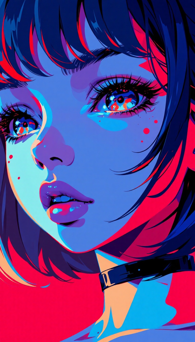 An anime-style illustration. A striking,  vibrant close-up of a minimalist portrait. The subject's face is bathed in vibra...