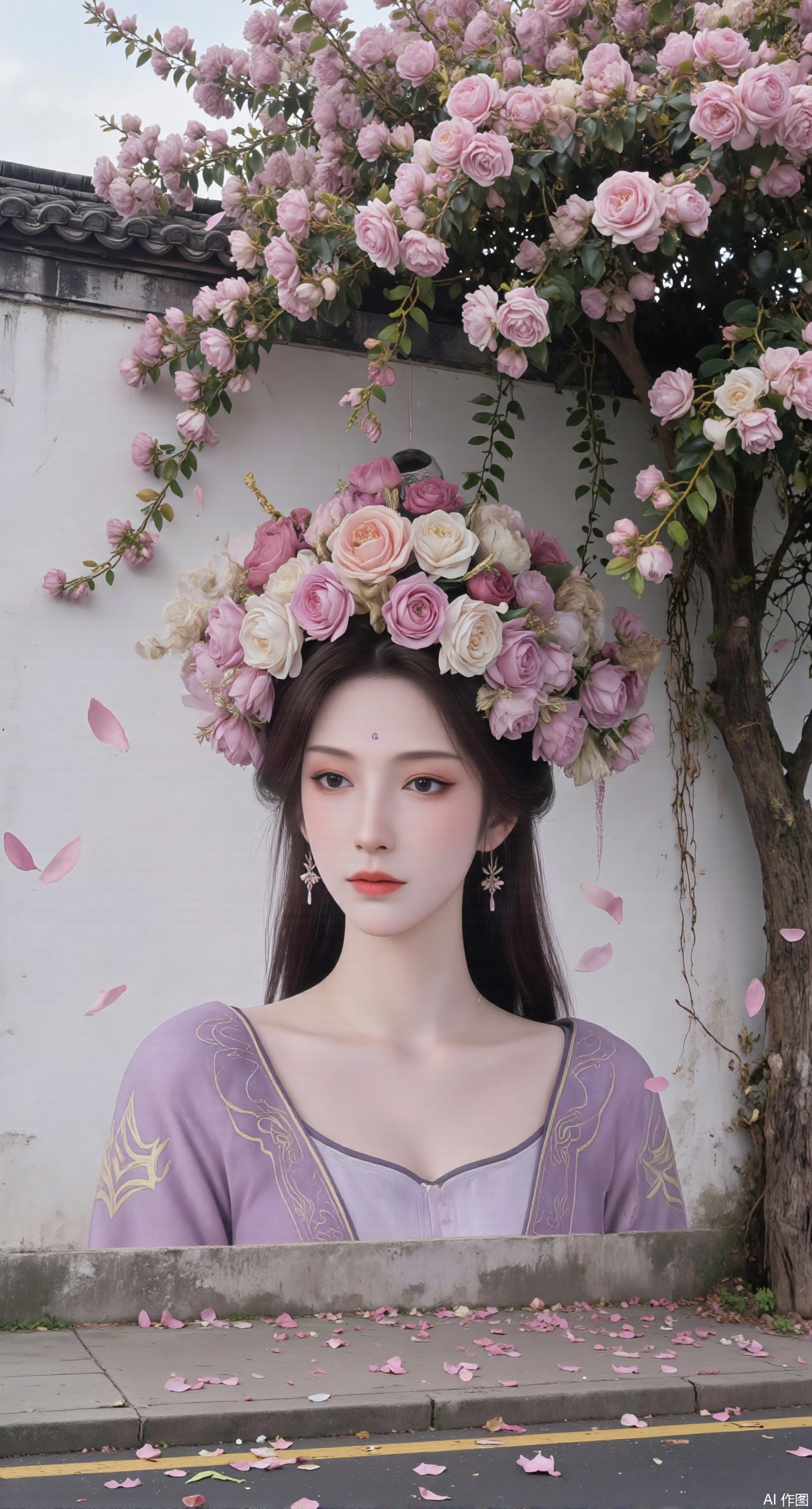 (masterpiece:1.2),best quality,On the front wall,the main body of the wall painting is a portrait of a beautiful woman with long flowing hair.hanfu girl,full body,The hair of the beautiful woman is composed of a large number of luxuriant roses. The flowers are dense and cover the top of the girls head. It seems that I have brought a gorgeous flower hat to the young girl. These flowers cover the whole wall densely. Dense long branches hang down and many petals fall on the ground. The details of the flowers are lifelike,the roots are on one side,the far view is deep,the wide angle is super wide,the real photos,the realistic style,the 32k super clear,and the colors are gorgeous,,XyunyunXY,Xmeining,Xjiangziyue,Xweinina,Xyunxiao,Xxiaoqingxue,Xlenhuan,Xhuajin,Xgufenghuaqiang,XzixiaY