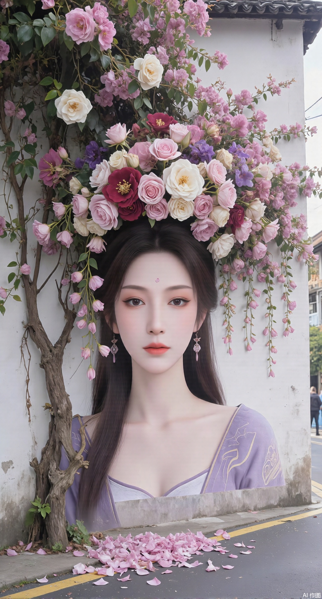 (masterpiece:1.2),best quality,On the front wall,the main body of the wall painting is a portrait of a beautiful woman with long flowing hair.hanfu girl,full body,The hair of the beautiful woman is composed of a large number of luxuriant roses. The flowers are dense and cover the top of the girls head. It seems that I have brought a gorgeous flower hat to the young girl. These flowers cover the whole wall densely. Dense long branches hang down and many petals fall on the ground. The details of the flowers are lifelike,the roots are on one side,the far view is deep,the wide angle is super wide,the real photos,the realistic style,the 32k super clear,and the colors are gorgeous,,XyunyunXY,Xmeining,Xjiangziyue,Xweinina,Xyunxiao,Xxiaoqingxue,Xlenhuan,Xhuajin,Xgufenghuaqiang,XzixiaY